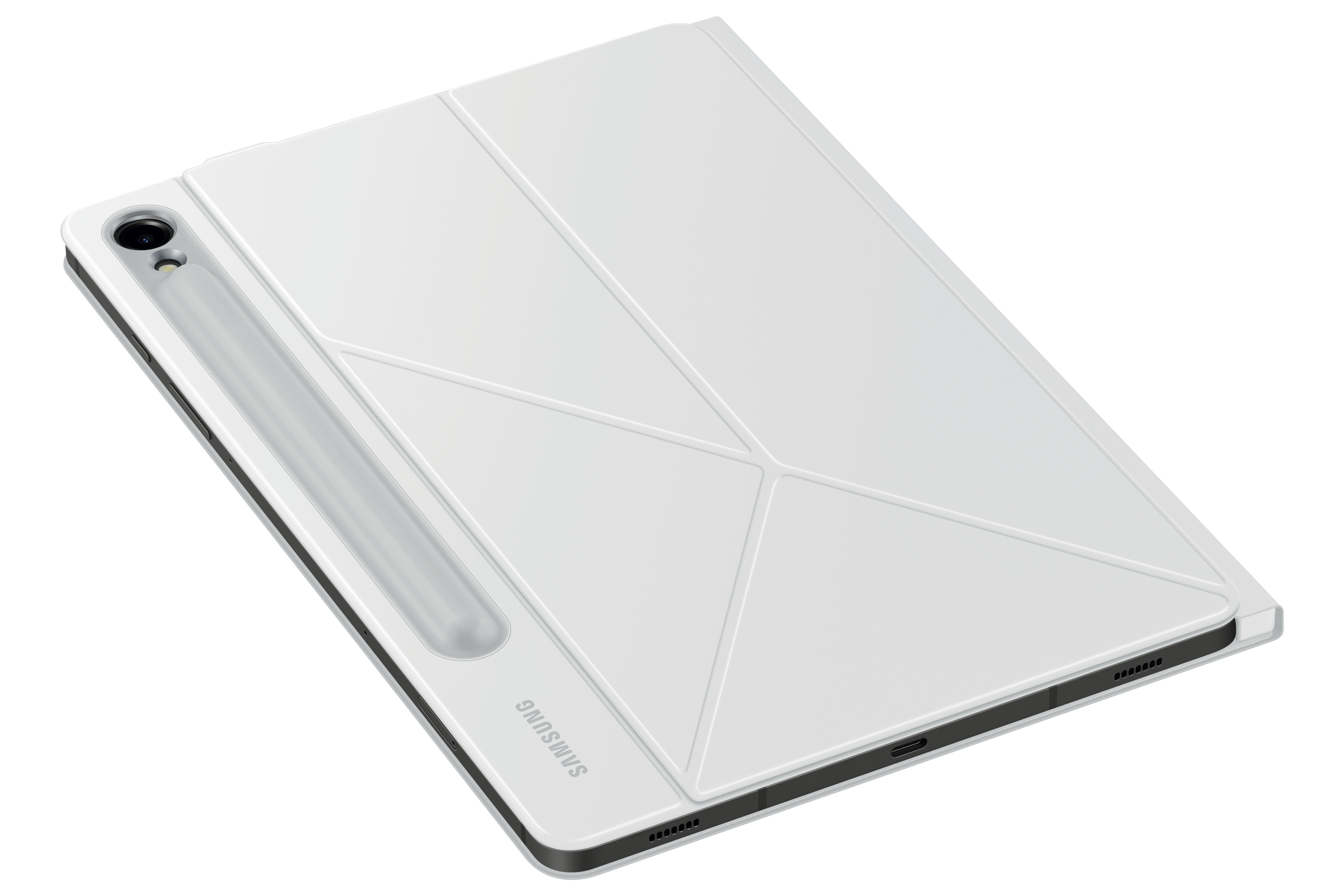 Weißes Tablet mit Hülle und Stift. Samsung-Logo sichtbar.
