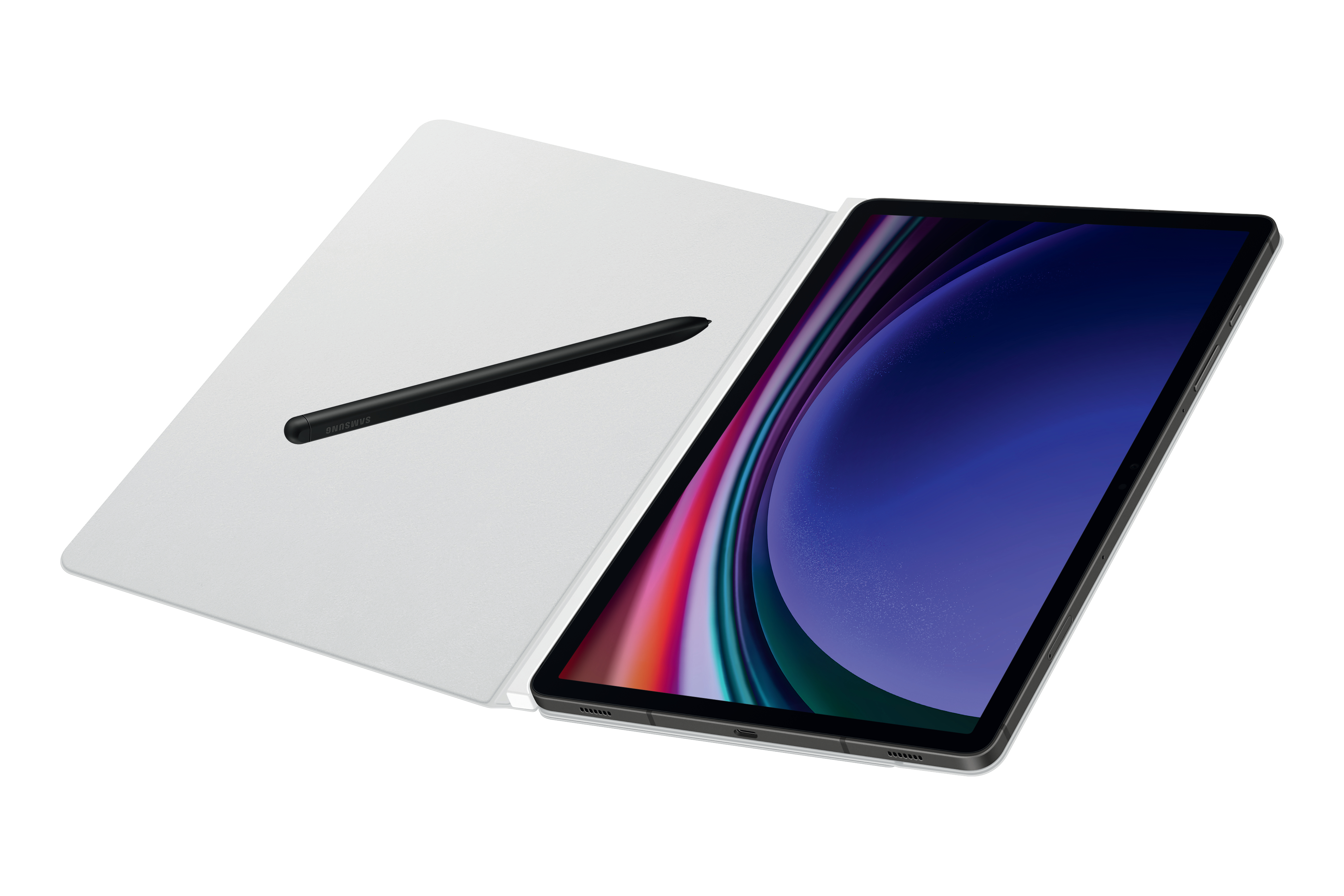 Tablet und Stift auf weißer Hülle. Tablet zeigt farbenfrohe Grafiken auf dem Bildschirm.