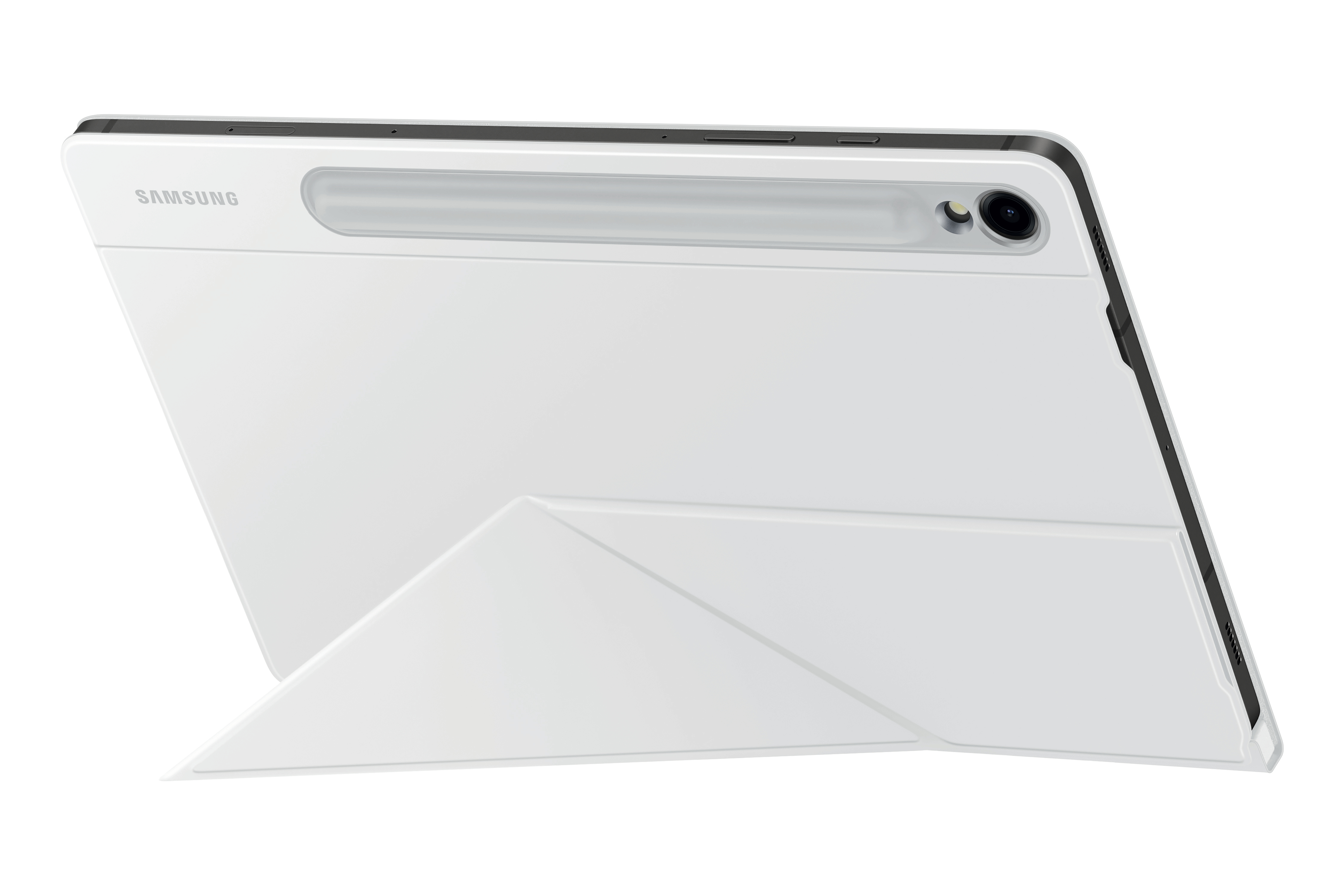 Ein weißes Samsung-Tablet mit weißer Hülle, die zu einem Ständer gefaltet ist, nach rechts abgewinkelt.