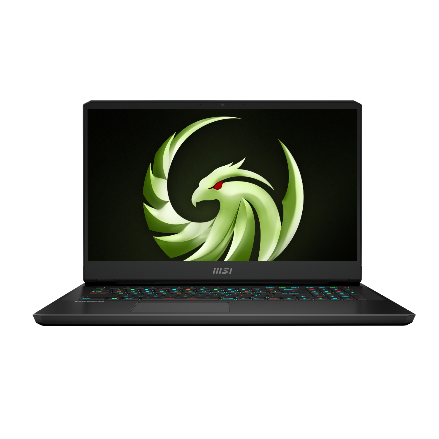 Zwarte laptop met groen logo op het scherm, een gestileerde vogel. Het toetsenbord is gekleurd verlicht.