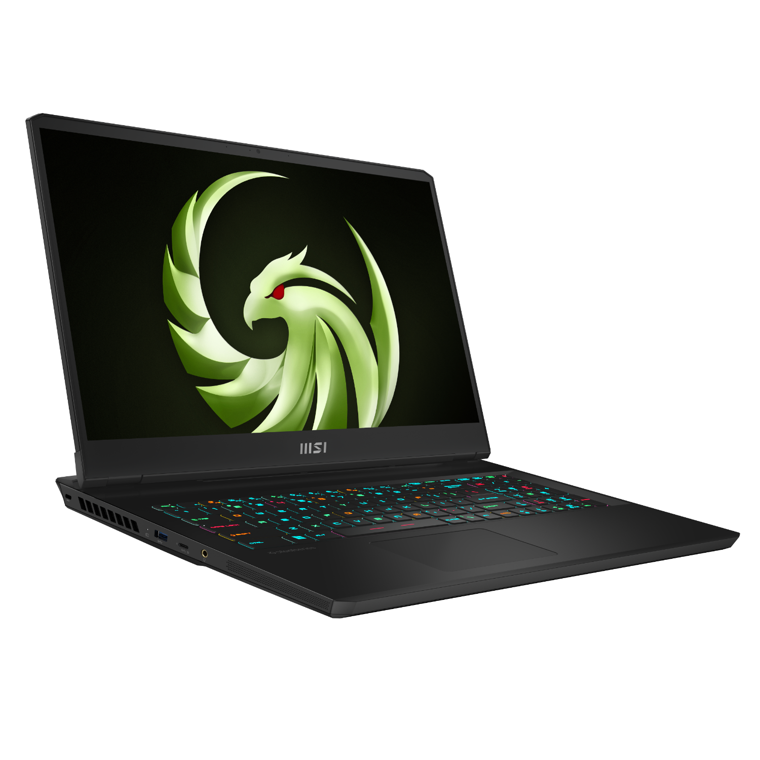 Zwarte laptop met groen drakenlogo op het scherm. Toetsenbord heeft kleurrijke lichten. Zwarte achtergrond.