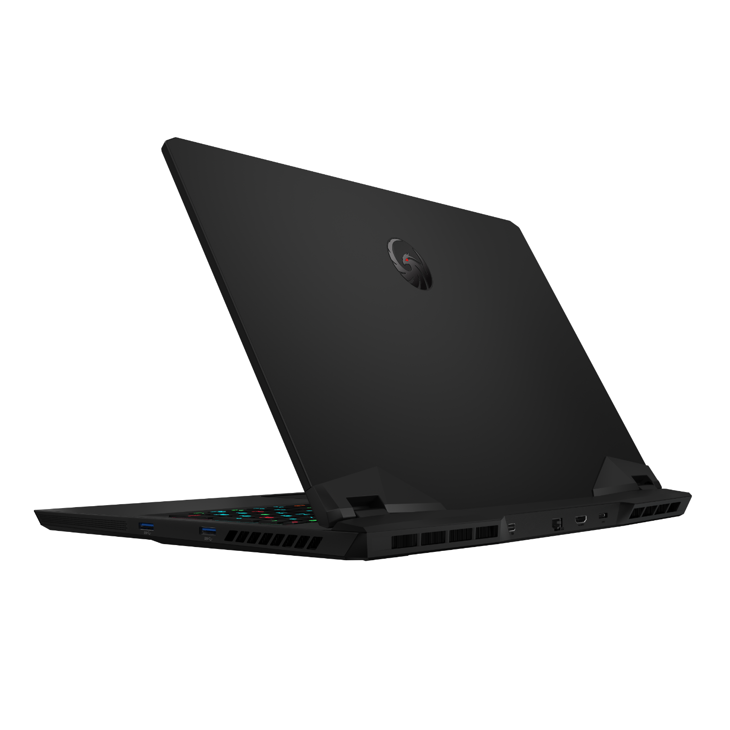 Een zwarte laptop is open, met het toetsenbord en poorten zichtbaar. Het MSI-logo staat op het deksel.