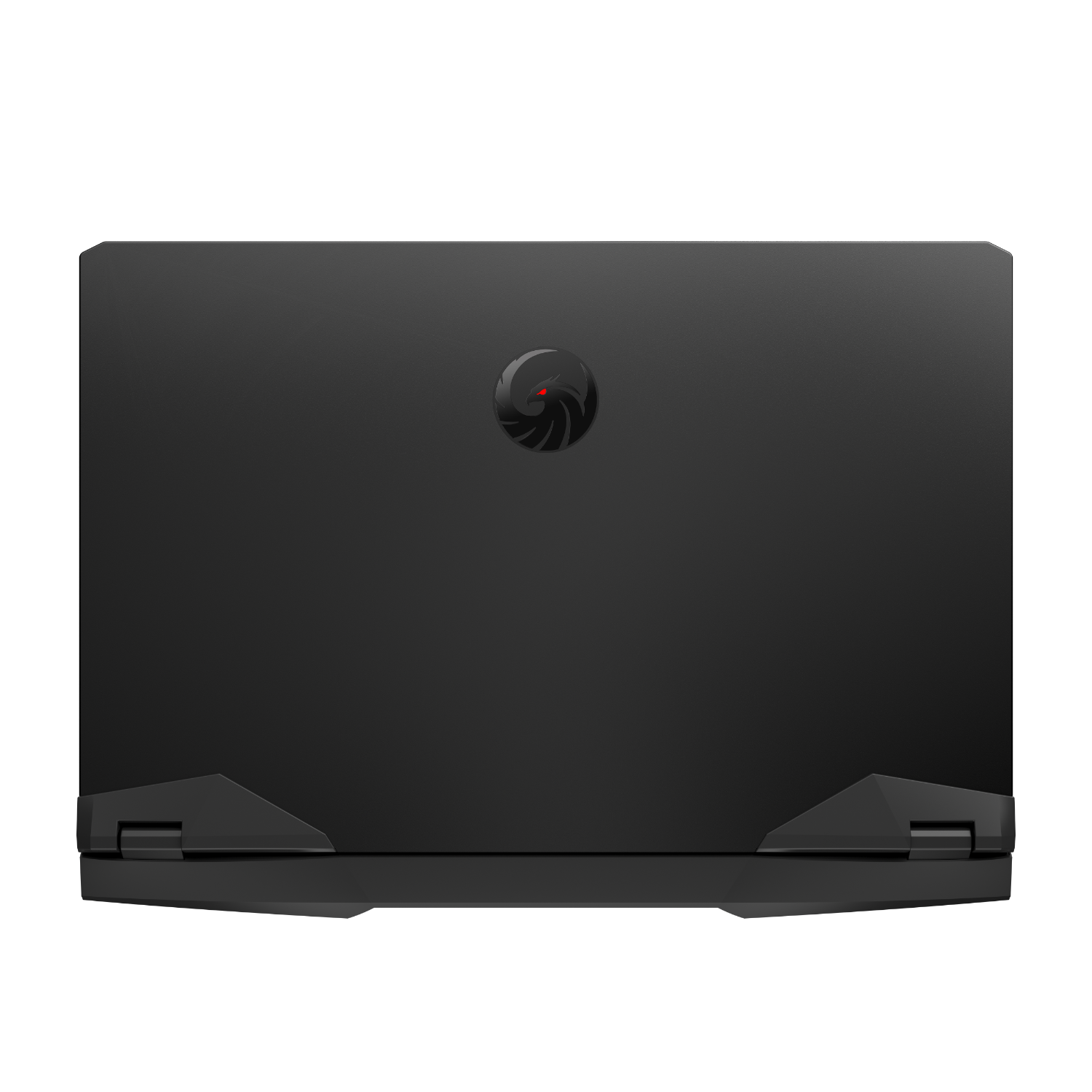 Zwarte laptop, bovenaanzicht, met logo in het midden. Scharnieren onderaan zichtbaar. Zwarte achtergrond.