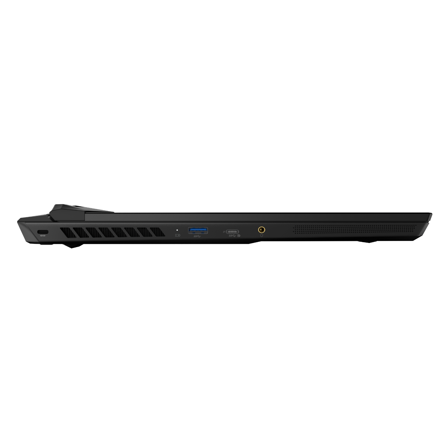 Zijaanzicht van een zwarte laptop. Zichtbaar zijn poorten, ventilatieopeningen en een cirkelvormige audio-aansluiting. De achtergrond is volledig zwart.
