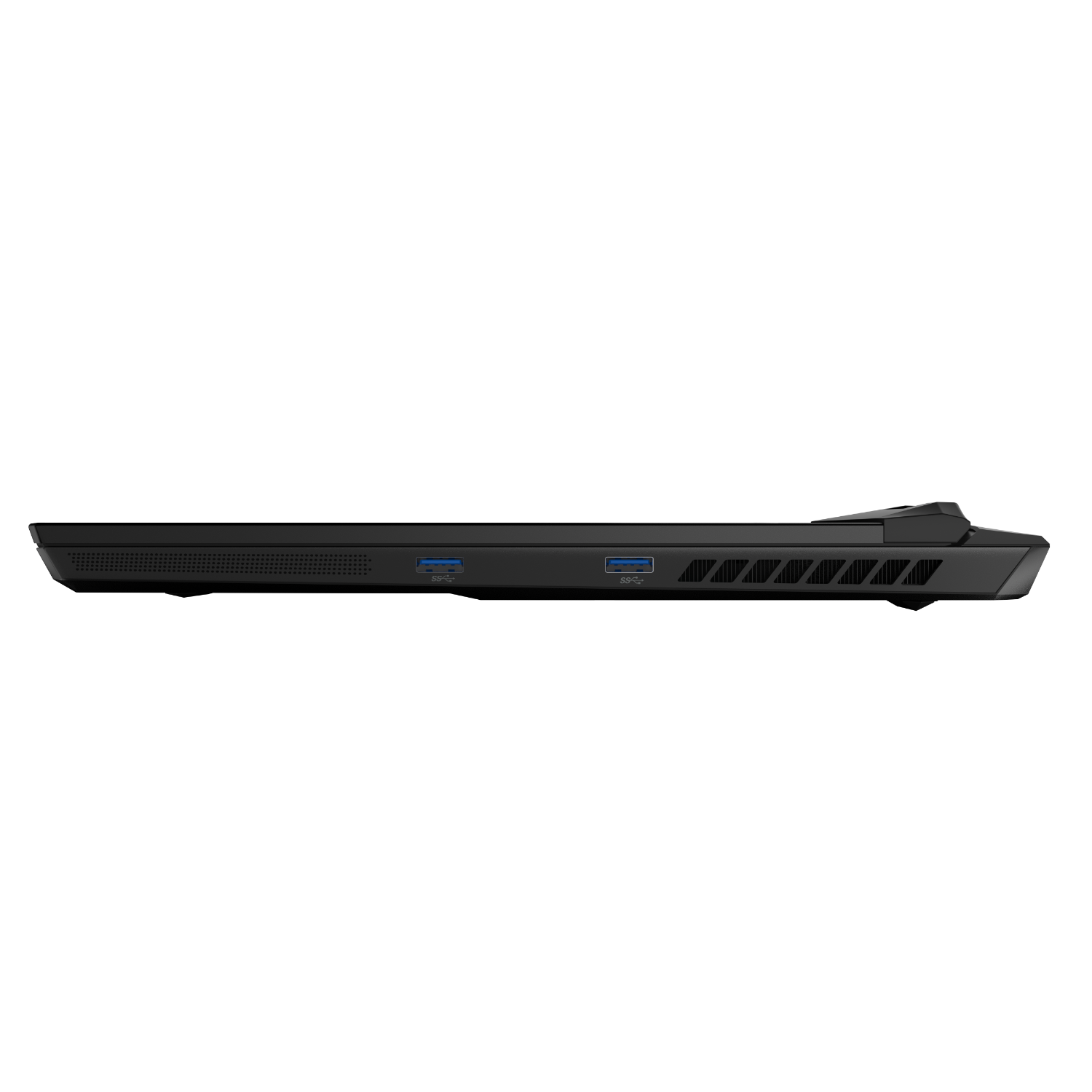 Zijaanzicht van een zwarte laptop. Zichtbaar zijn USB-poorten, ventilatieopeningen en de rand van het scherm. De achtergrond is zwart.