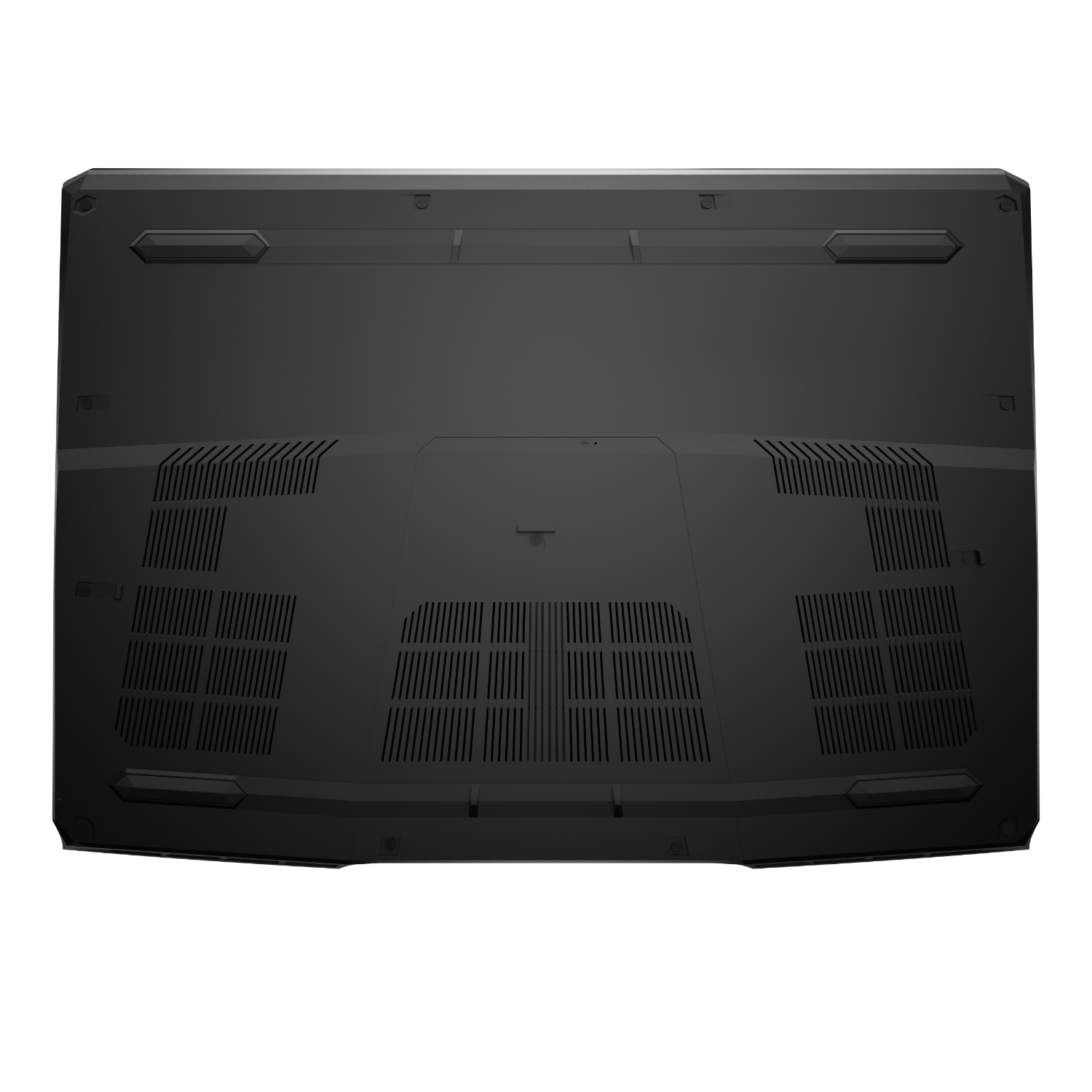 De onderkant van een zwarte laptop wordt getoond tegen een zwarte achtergrond. De laptop heeft ventilatieopeningen, schroeven en een centraal toegangspaneel.