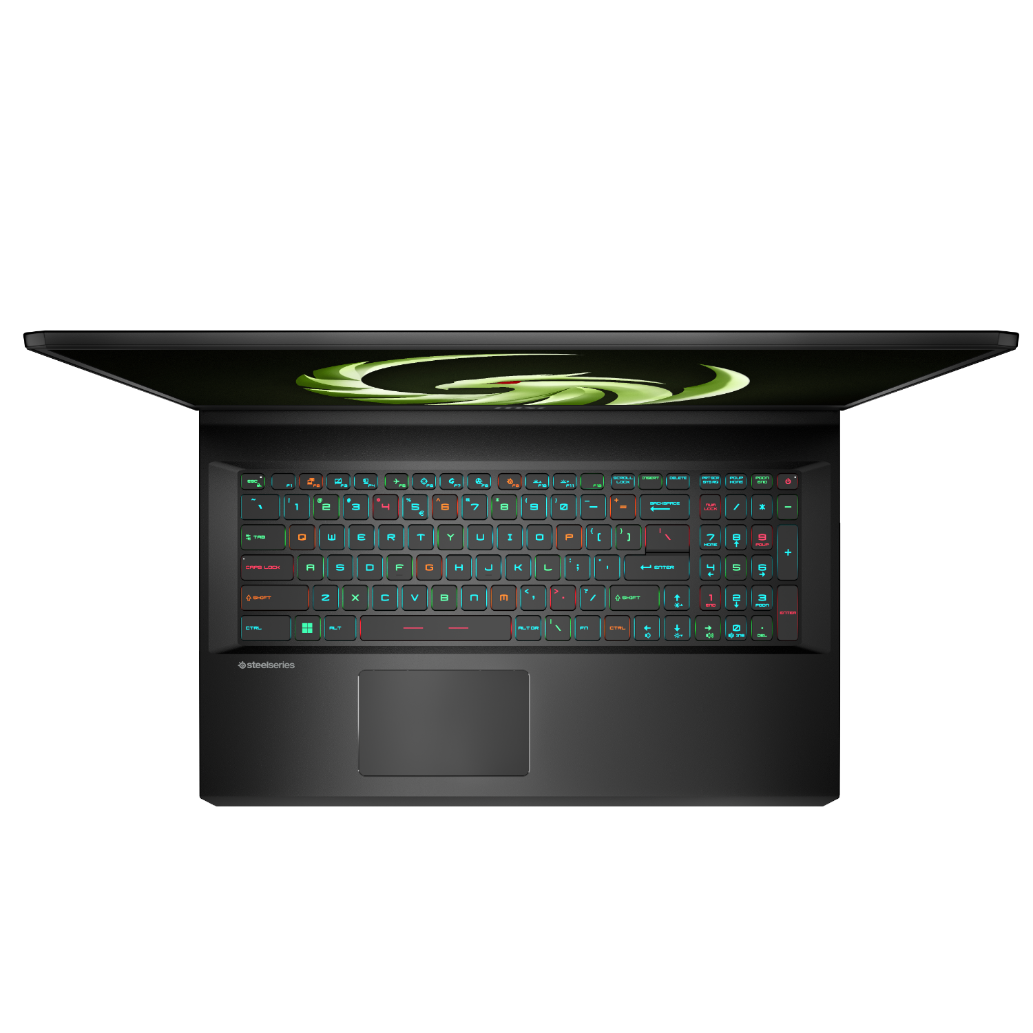 Zwarte laptop, verlicht toetsenbord met meerkleurige toetsen, open op zwarte ondergrond. Display toont groen design.