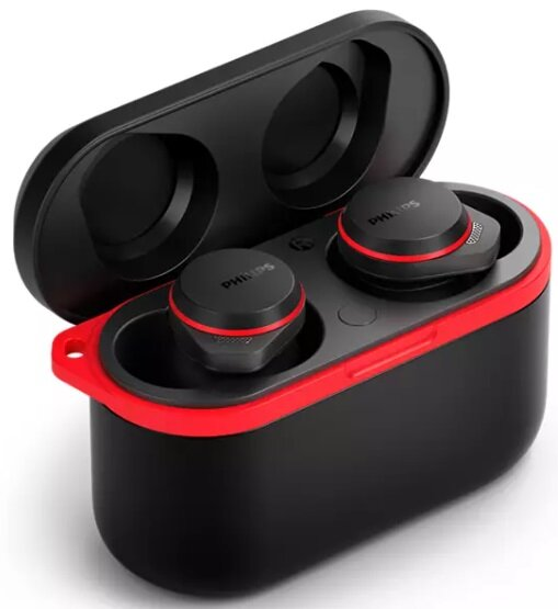 Słuchawki douszne w etui ładującym. Czarne słuchawki z czerwonymi akcentami, w czarnym etui.