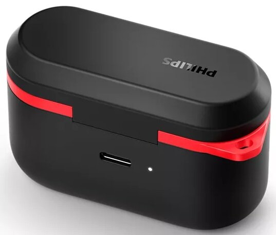 Czarny i czerwony futerał ładujący do słuchawek. Na górze napis "PHILIPS".