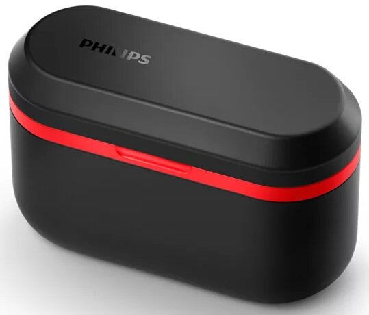 Czarny i czerwony futerał na słuchawki Philips. Futerał zamknięty, z czerwonym akcentem.
