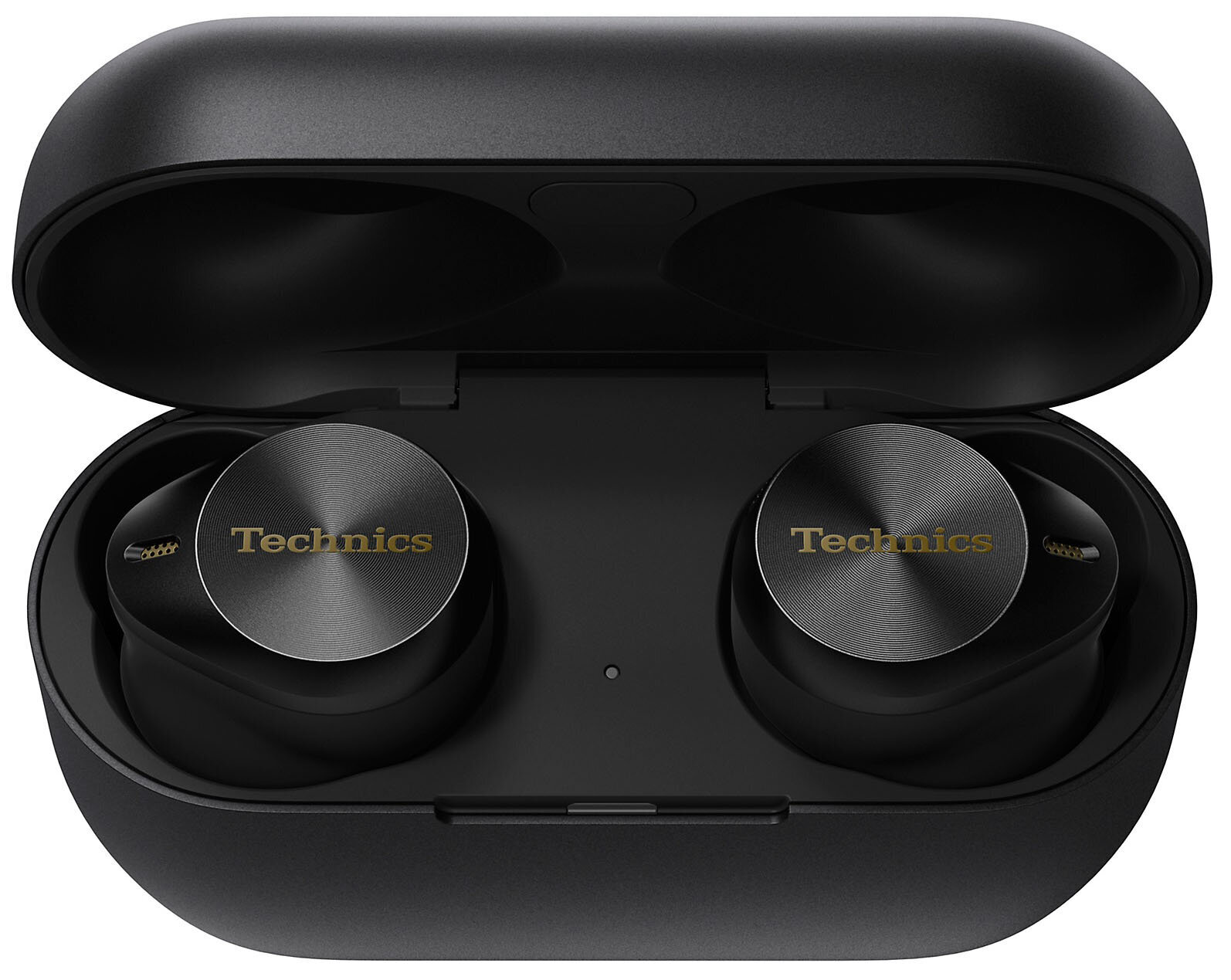 Czarne słuchawki w otwartym czarnym etui. Słuchawki mają metalowe logo Technics. Etui ma dwie przegródki.