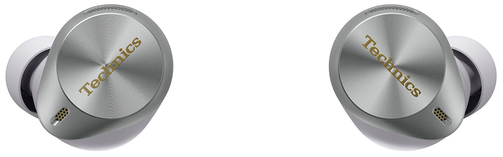 Dwa srebrne słuchawki Technics na białym tle. Słuchawki mają złote litery i czarne otwory głośników.