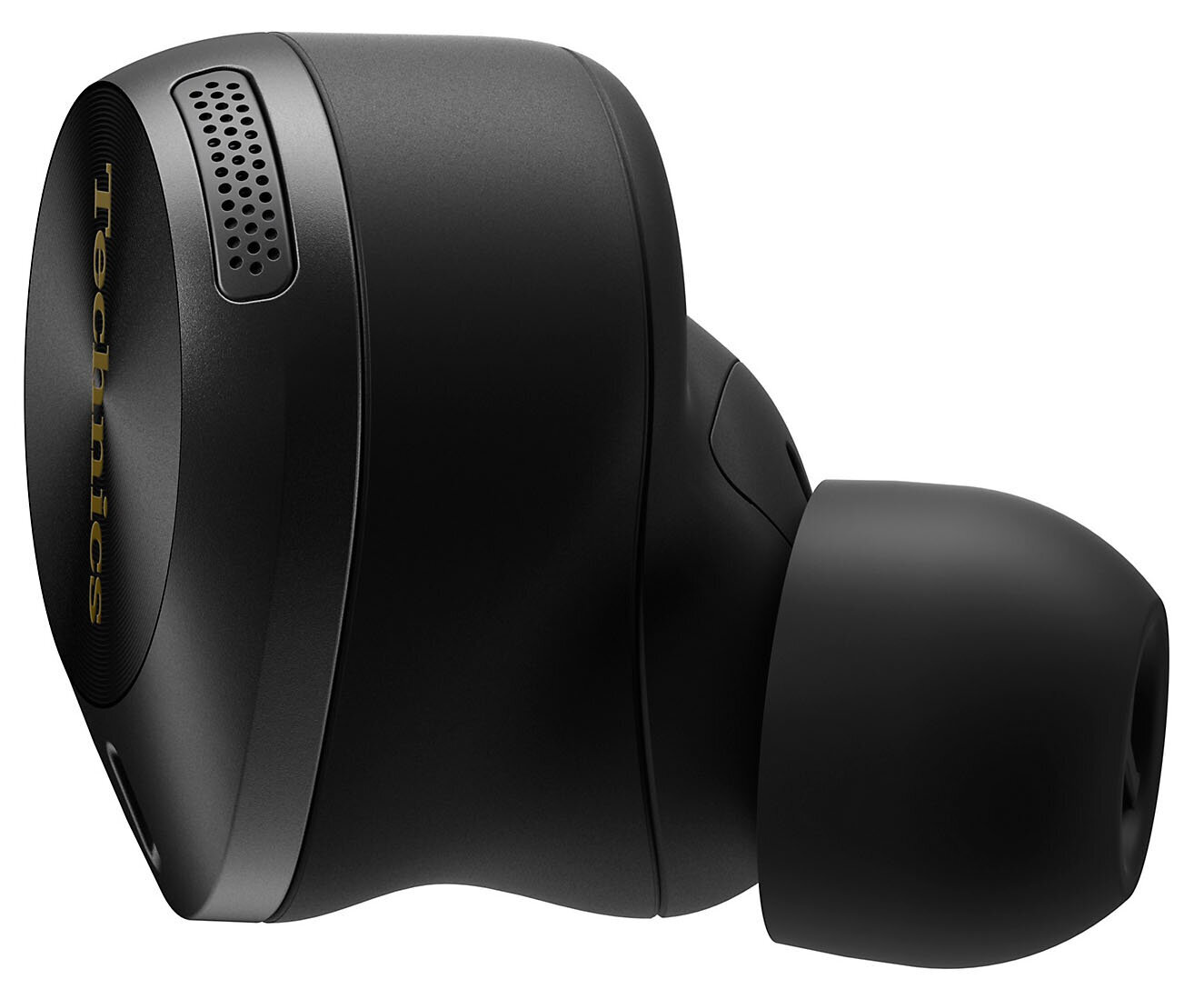 Zbliżenie czarnej bezprzewodowej słuchawki z napisem "Technics" w kolorze złotym. Słuchawka ma czarną końcówkę douszną.