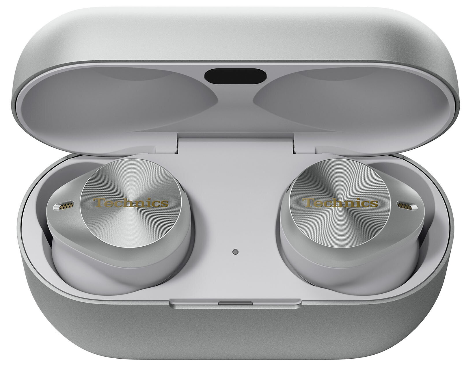 Otwarty szary futerał na słuchawki z dwoma srebrnymi słuchawkami. Na każdej słuchawce napis 'Technics'. Futerał jest otwarty.