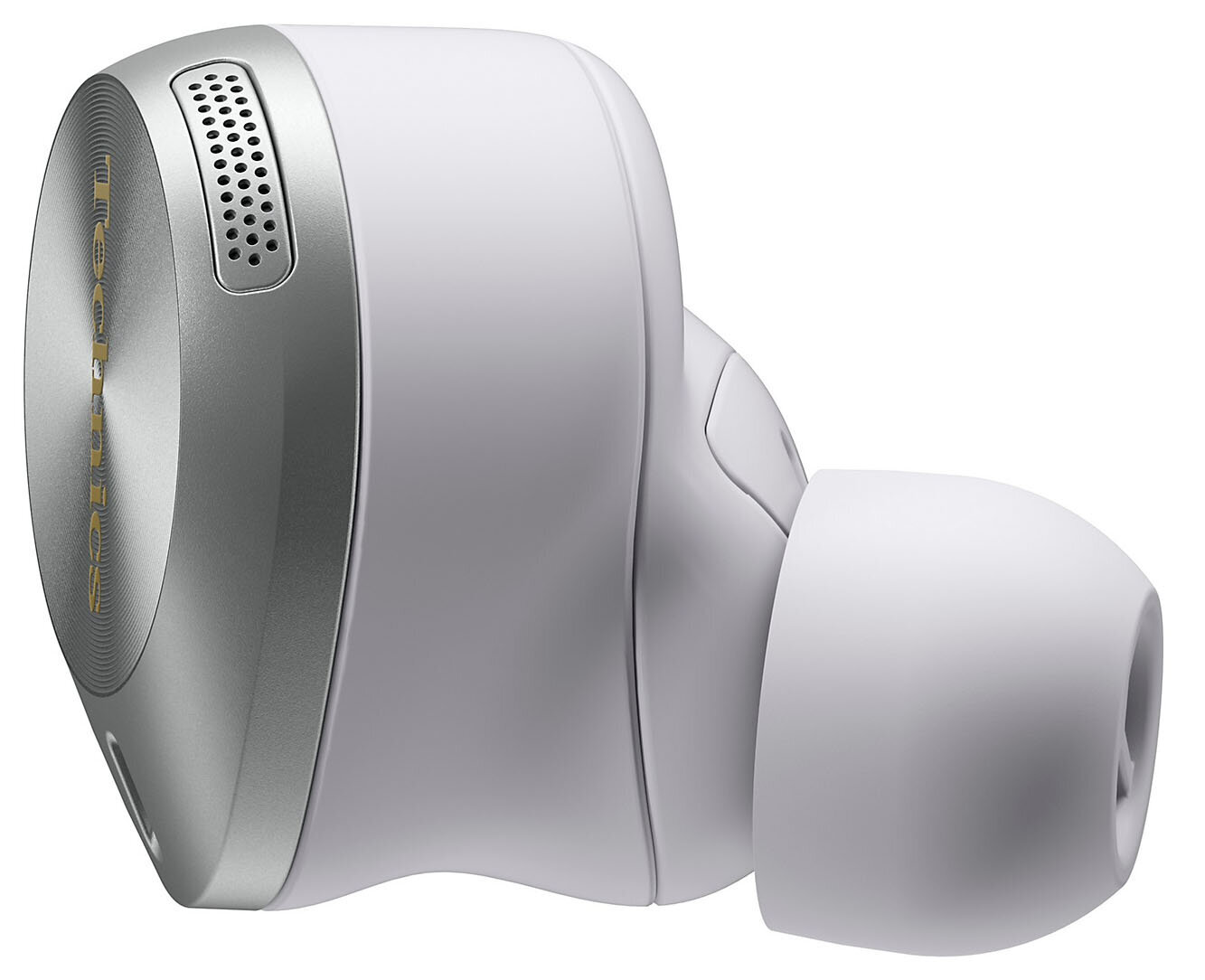 Zbliżenie białej i srebrnej słuchawki. Słuchawka ma srebrny pierścień zewnętrzny z głośnikiem i białą wkładkę douszną.