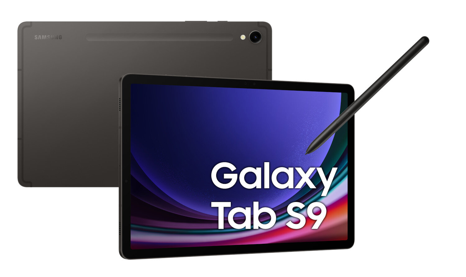 Tablet z rysikiem, pokazujący tekst Galaxy Tab S9.