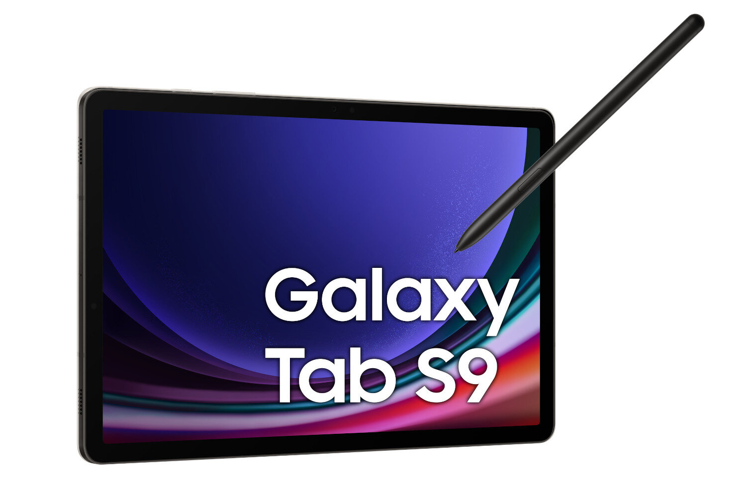 Czarny tablet z rysikiem, ekran wyświetla 'Galaxy Tab S9' na niebiesko-fioletowym tle.