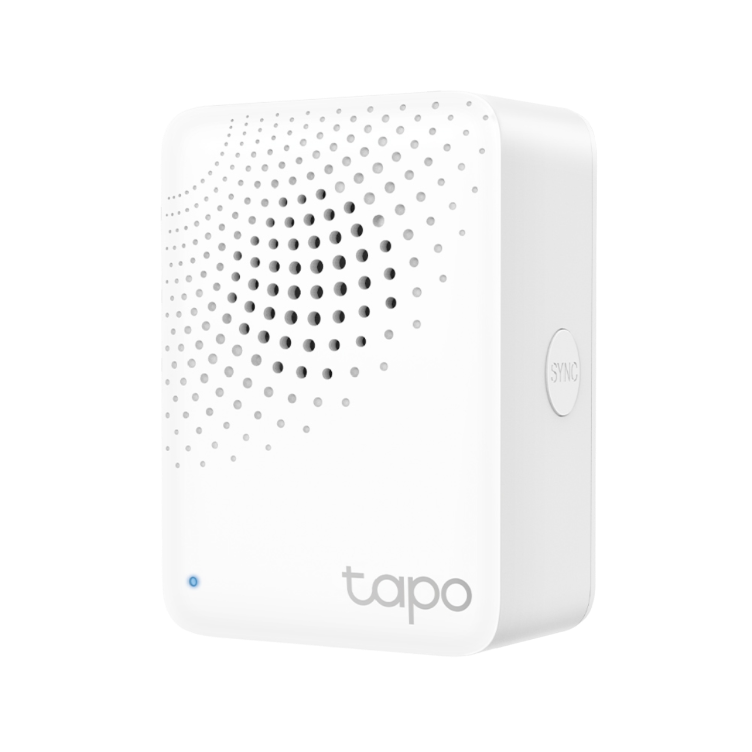 Wit vierkant apparaat met gaten, TAPO-logo, en een 'SYNC'-knop.