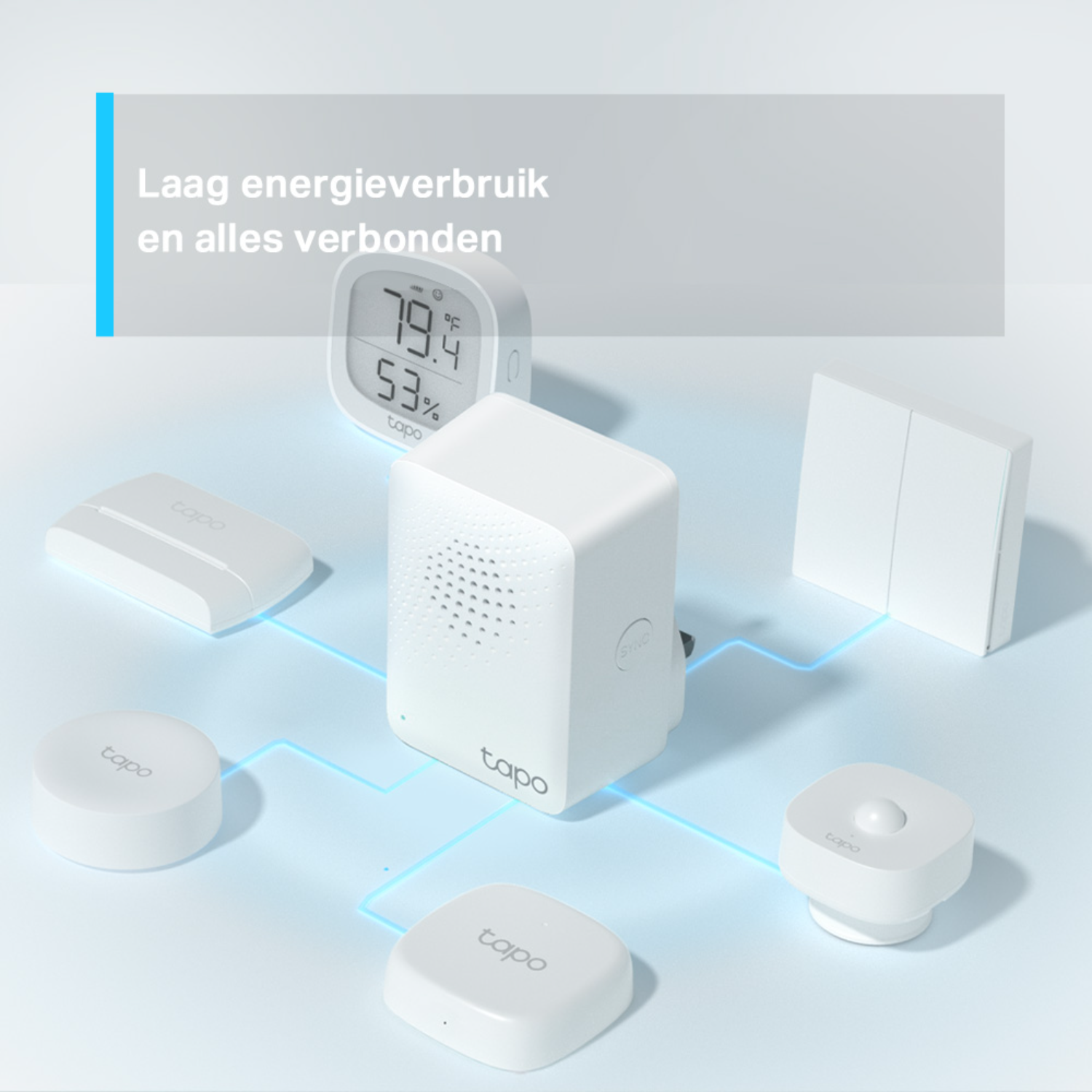 Slimme apparaten voor thuis aangesloten. Een centrale eenheid en andere apparaten op een lichtblauwe achtergrond.