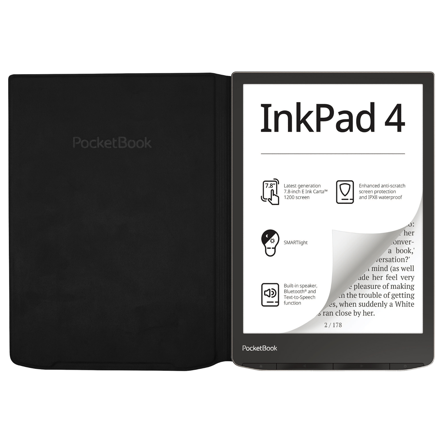 An open black PocketBook InkPad 4 e-reader, showing the screen and its protective cover. The screen displays text and icons.