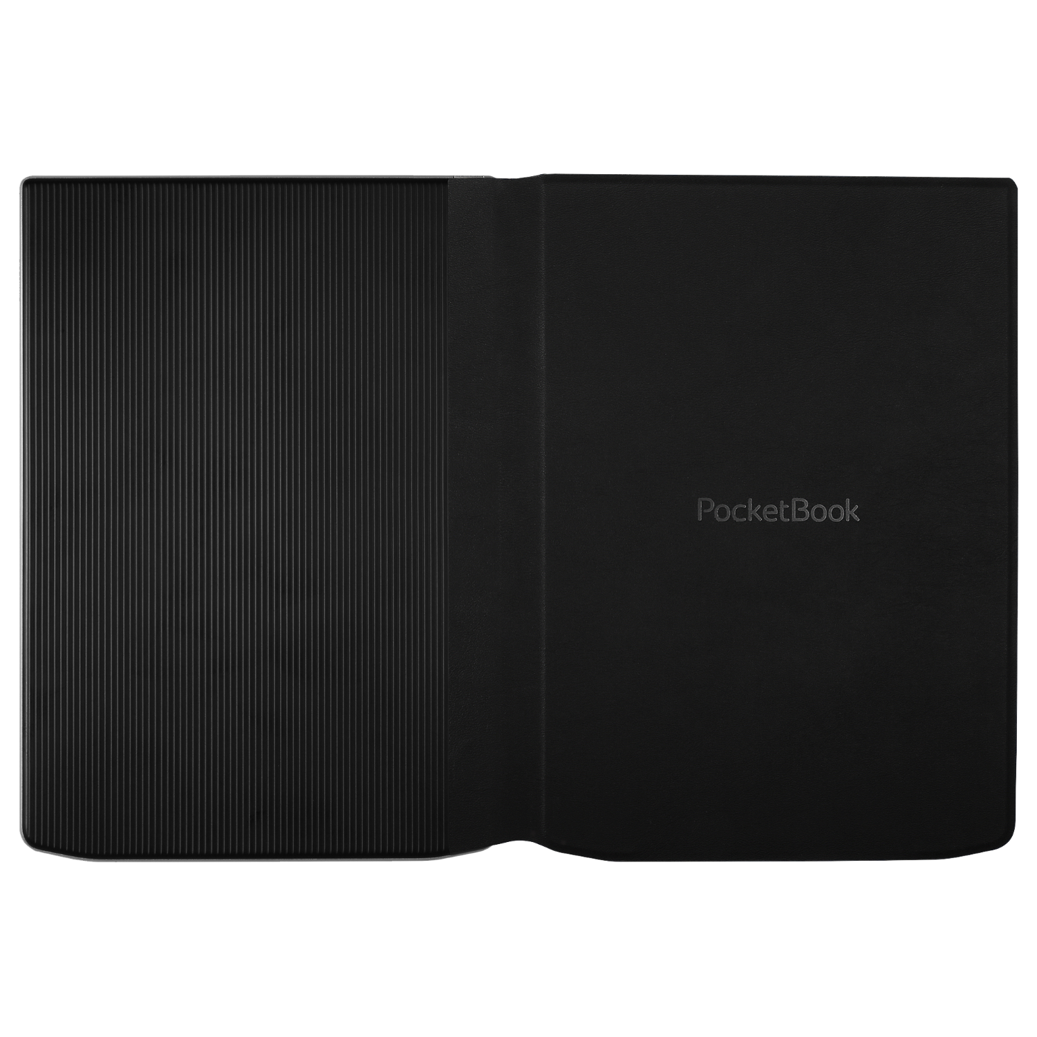 Black PocketBook e-reader cover, open to reveal the screen. The left side has vertical lines, the right has the brand name.