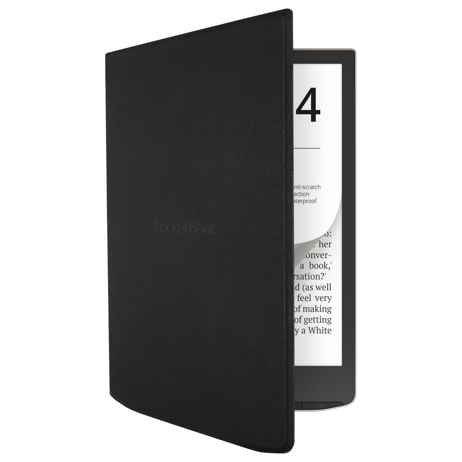 An e-reader with a black cover is slightly open, revealing the screen. The screen displays the number '4' and text. The cover has the name 'PocketBook'.