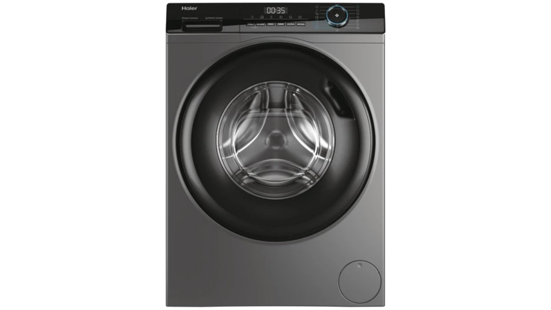 Gümüş Haier çamaşır makinesi, önden görünüm, dijital ekran ve koyu arka plan.