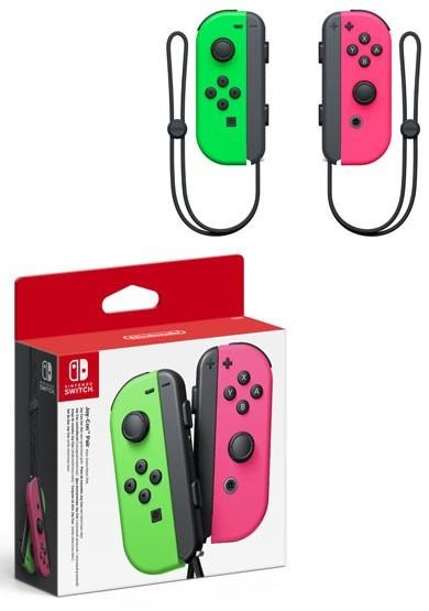 A box of Nintendo Switch controllers, one green and one pink, with wrist straps.