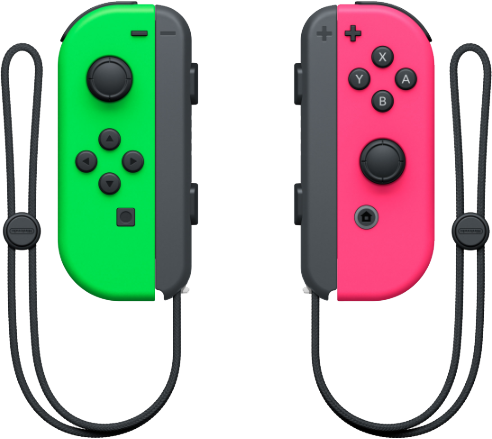 A pair of green and pink game controllers.