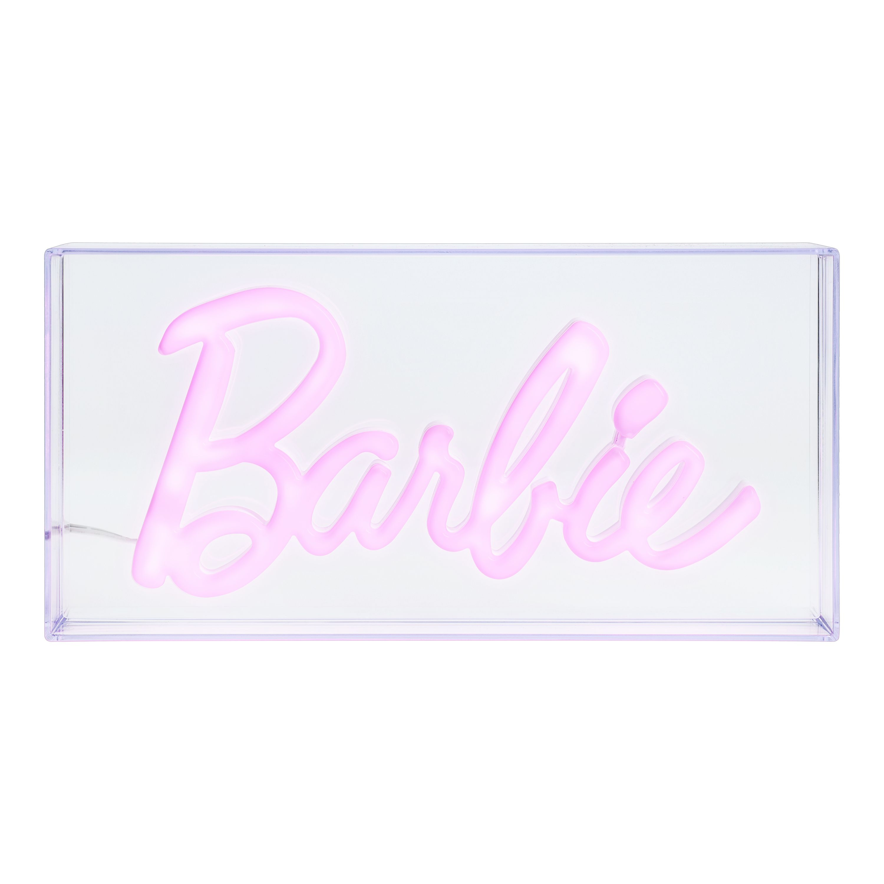 Ein Barbie-Schild mit rosa Neonlichtern in einem transparenten rechteckigen Gehäuse, weißer Hintergrund.