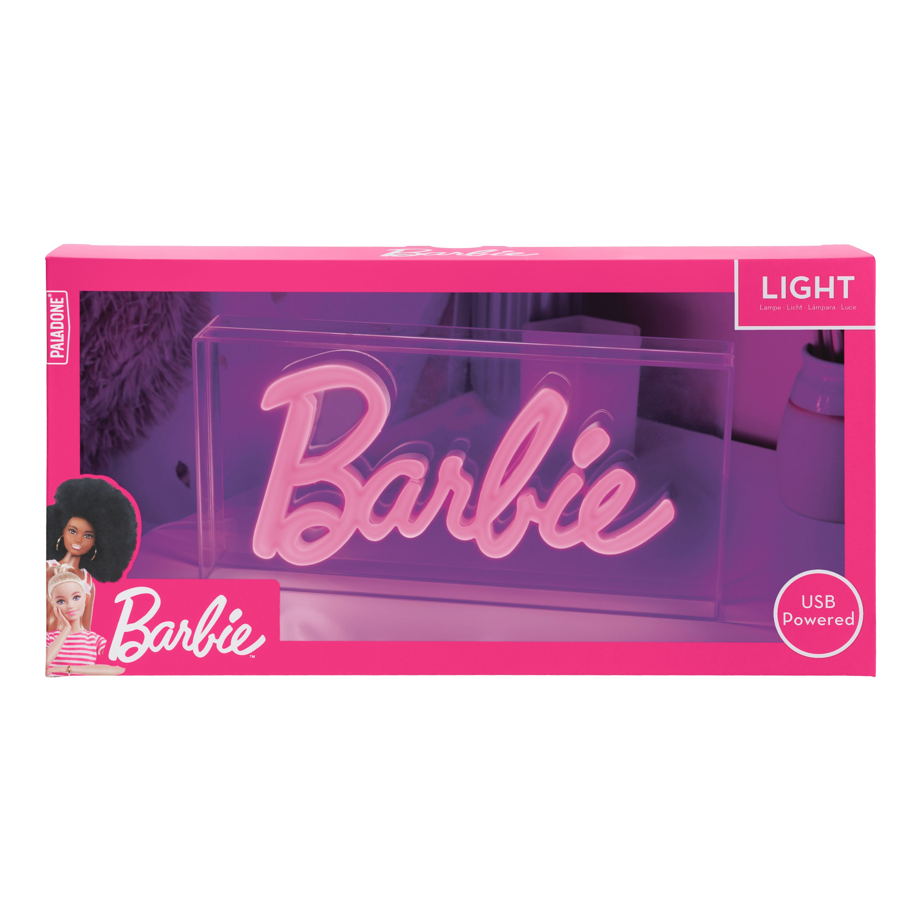 Rosa Barbie-Schild in einer Box. Das Schild ist beleuchtet und die Box zeigt Barbie-Bilder.