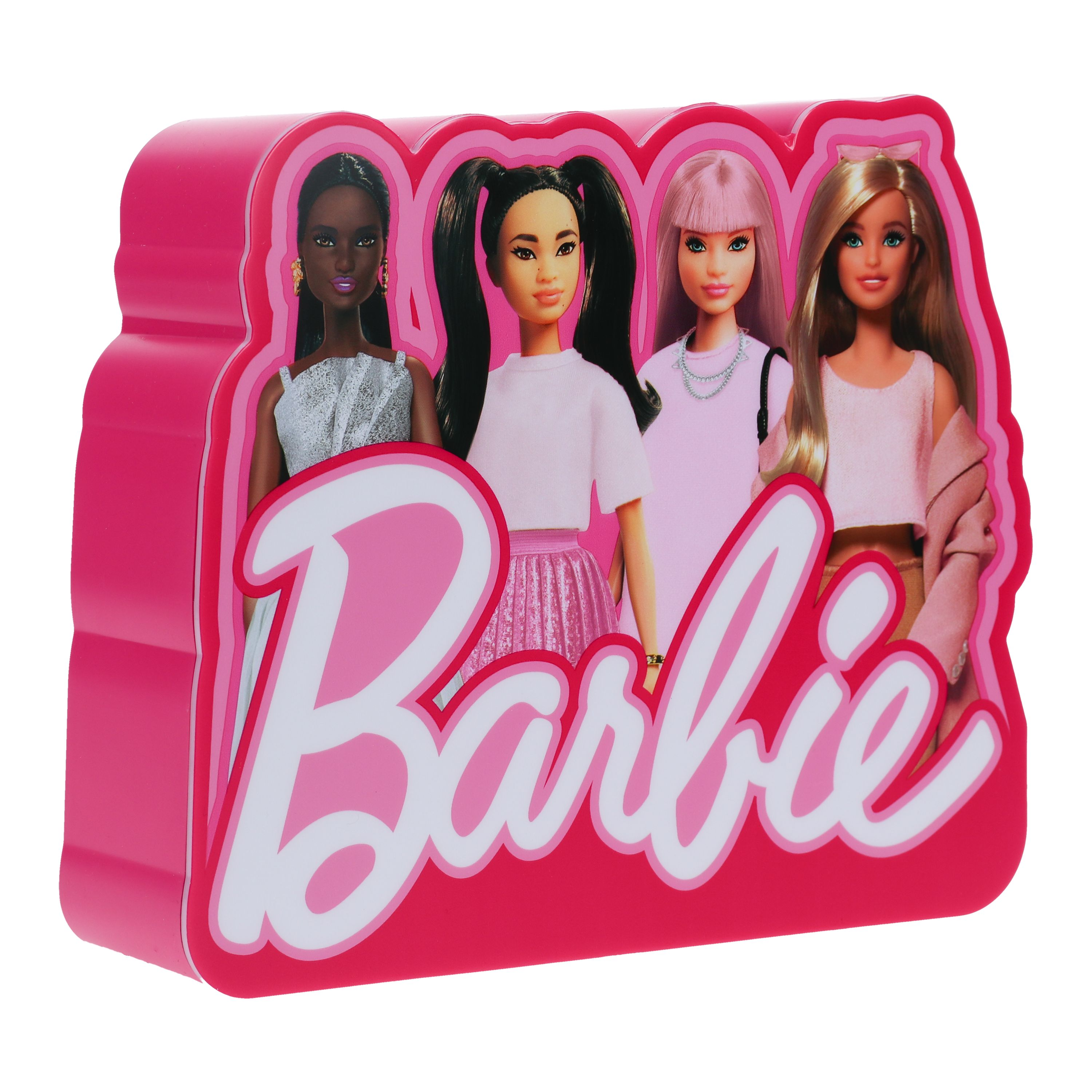 Rosa Barbie-Box mit vier verschiedenen Barbie-Puppen. Das Barbie-Logo ist weiß.