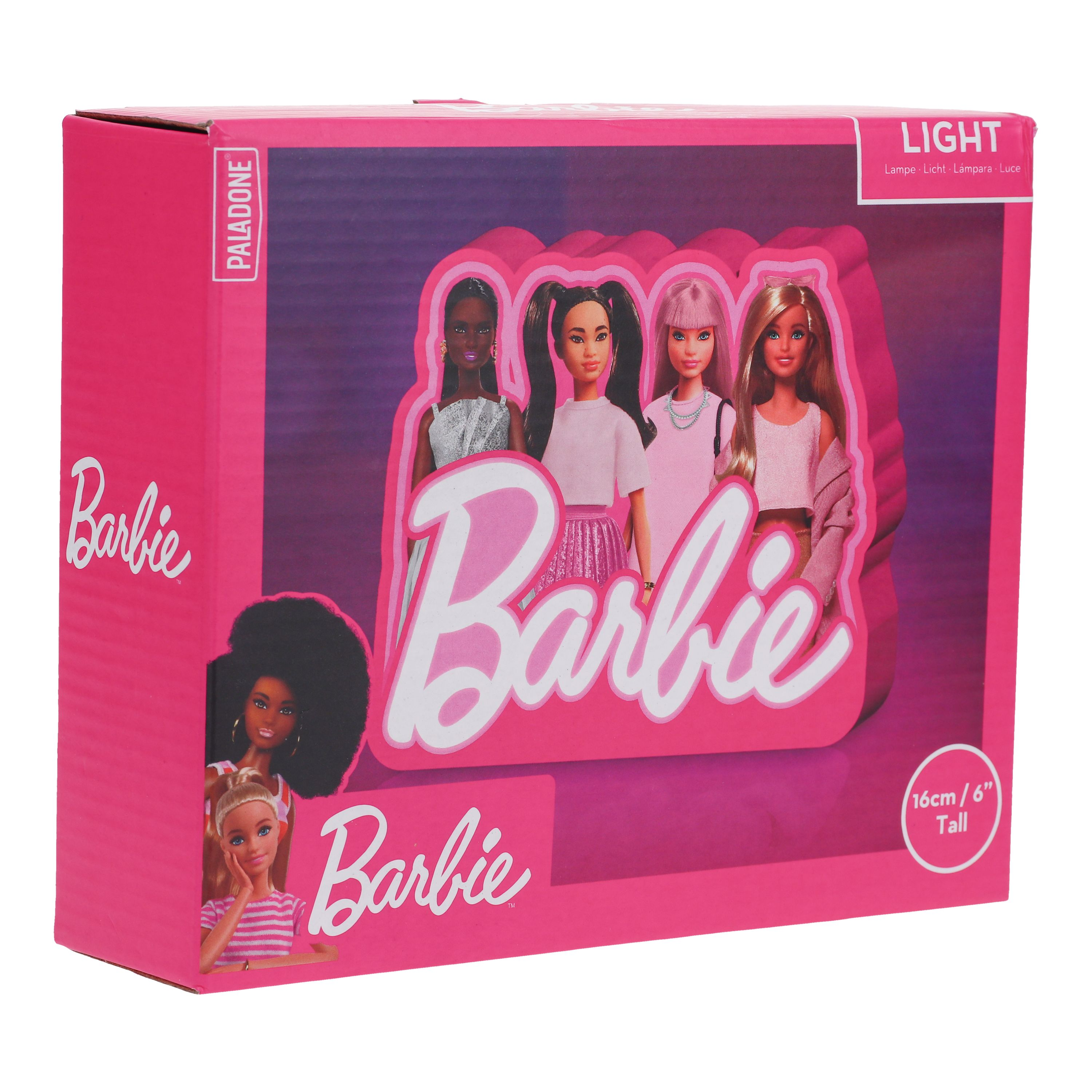 Rosa Barbie-Box mit Barbie-Logo und Bildern von Puppen. Oben steht 'LIGHT'.