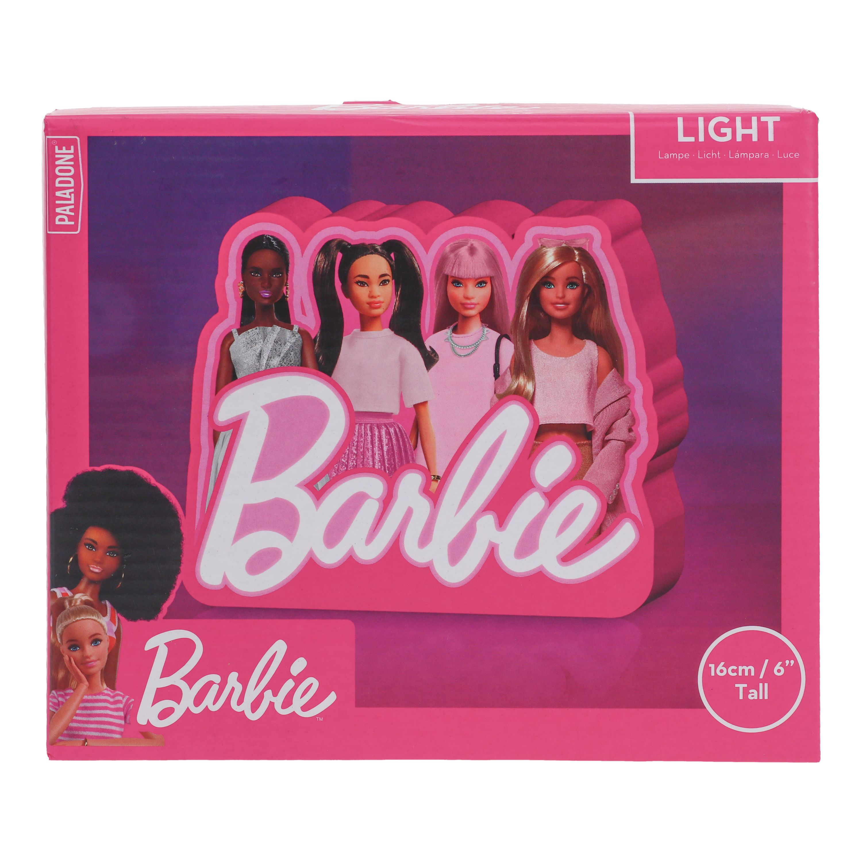 Eine Barbie-Box mit vier Barbie-Puppen. Die Box ist rosa mit Barbie-Logo und Text.