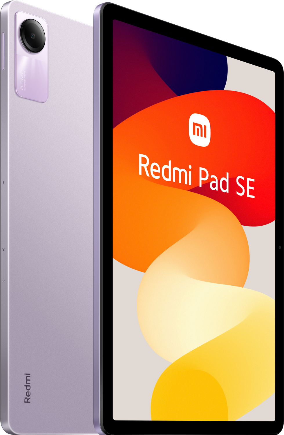 Una tableta Redmi Pad SE morada. La pantalla muestra una imagen colorida. Sobre fondo blanco.