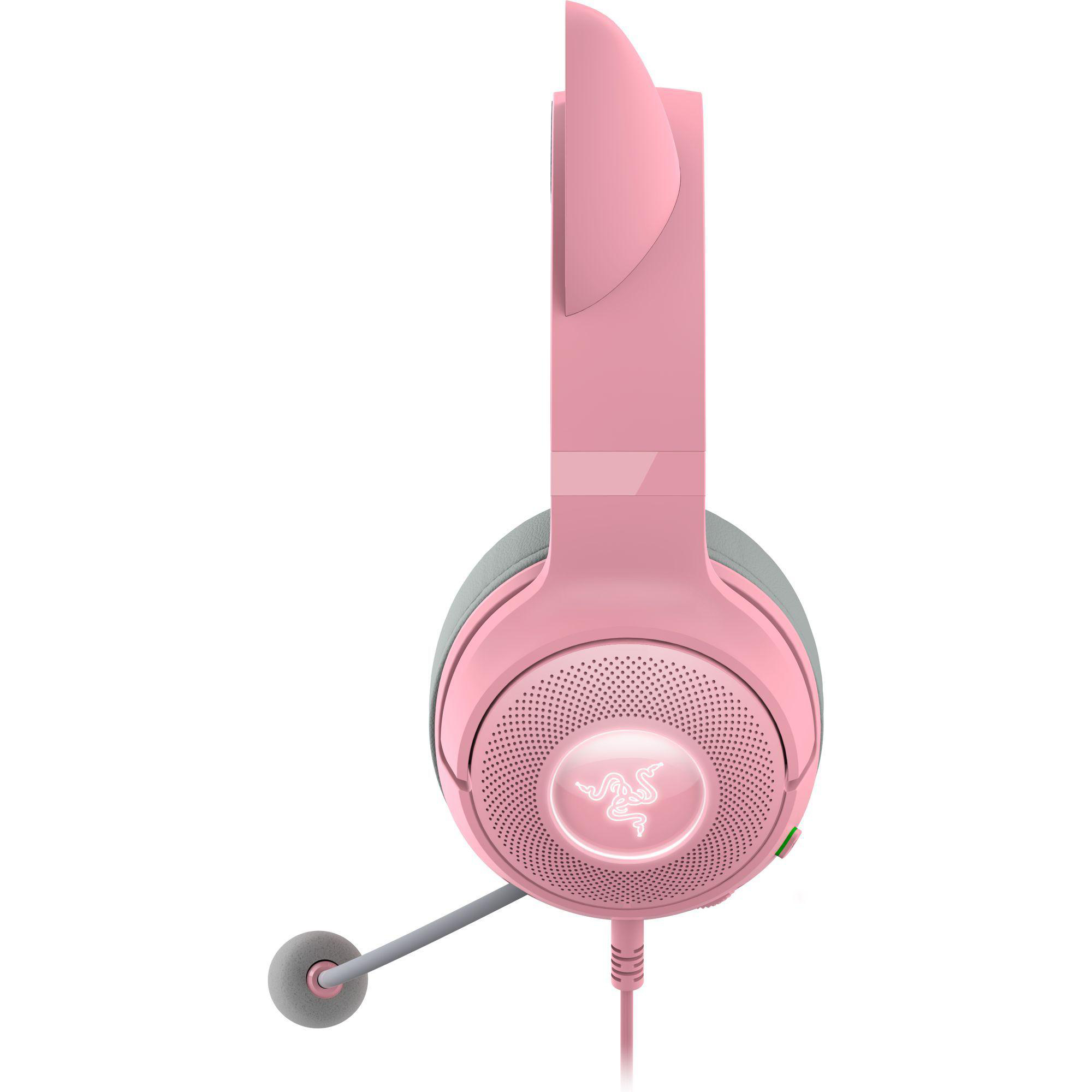 Pinkes Razer Gaming-Headset. Mit Ohrmuscheln, Mikrofon und Razer-Logo.