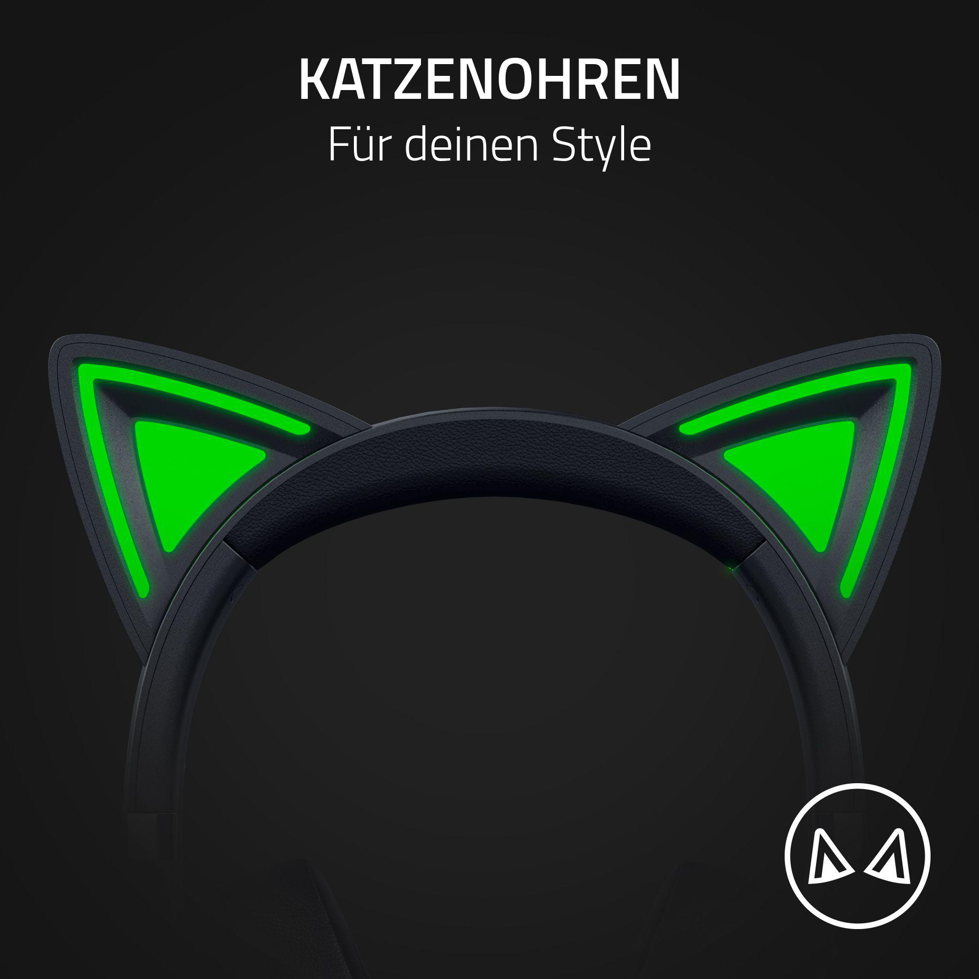 Schwarzes Razer-Katzenohren-Headset mit grün beleuchteten Katzenohren.