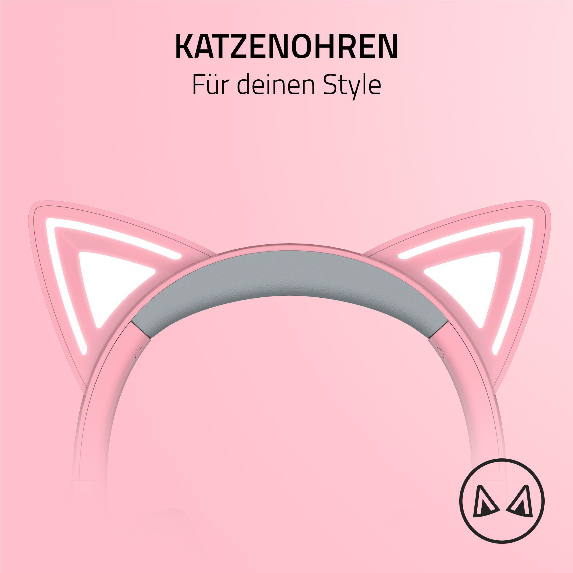 Rosa Katzenohr-Kopfhörer mit deutschem Text auf rosa Hintergrund.