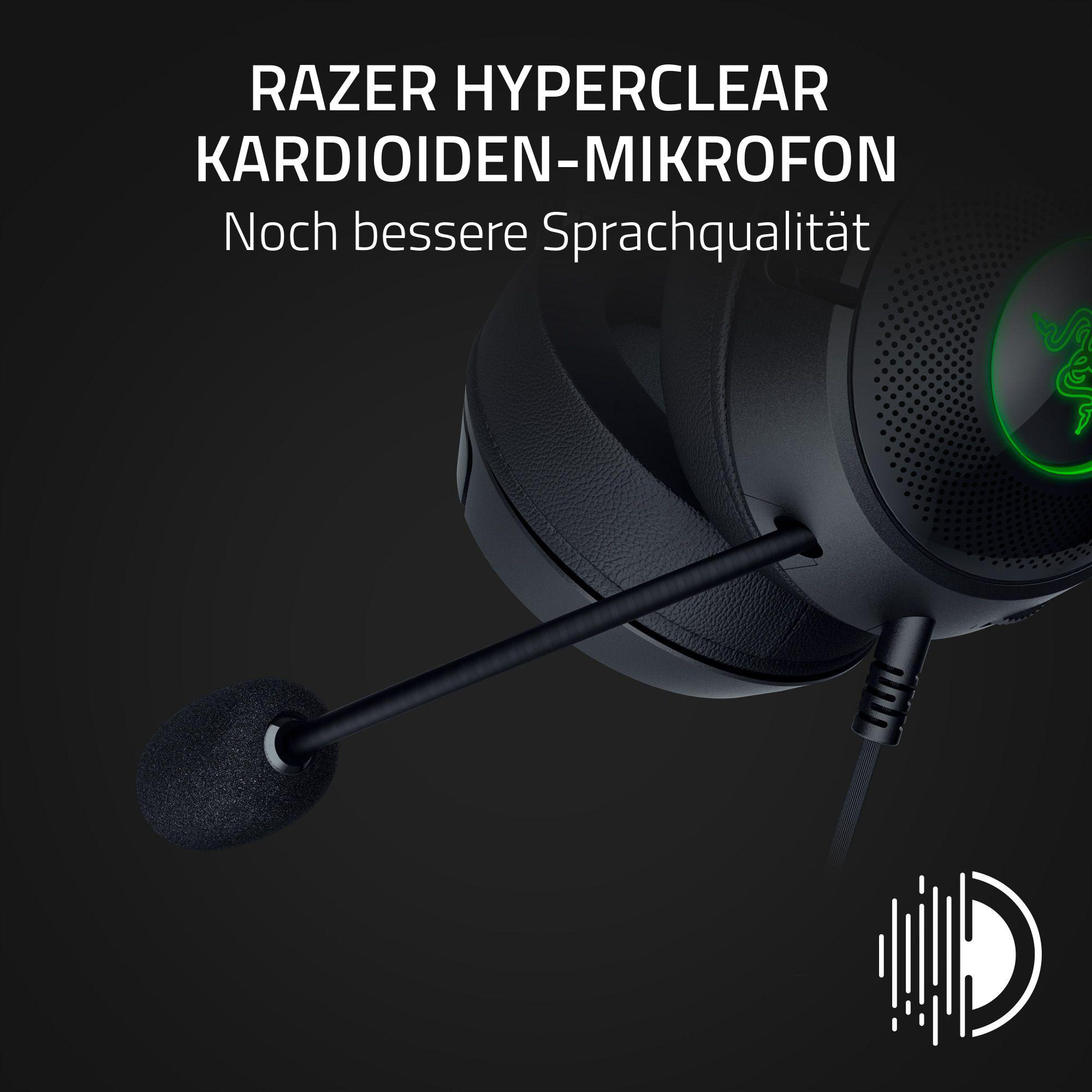 Schwarzes Razer-Headset mit Mikrofon. Der Text oben lautet Razer Hyperclear.