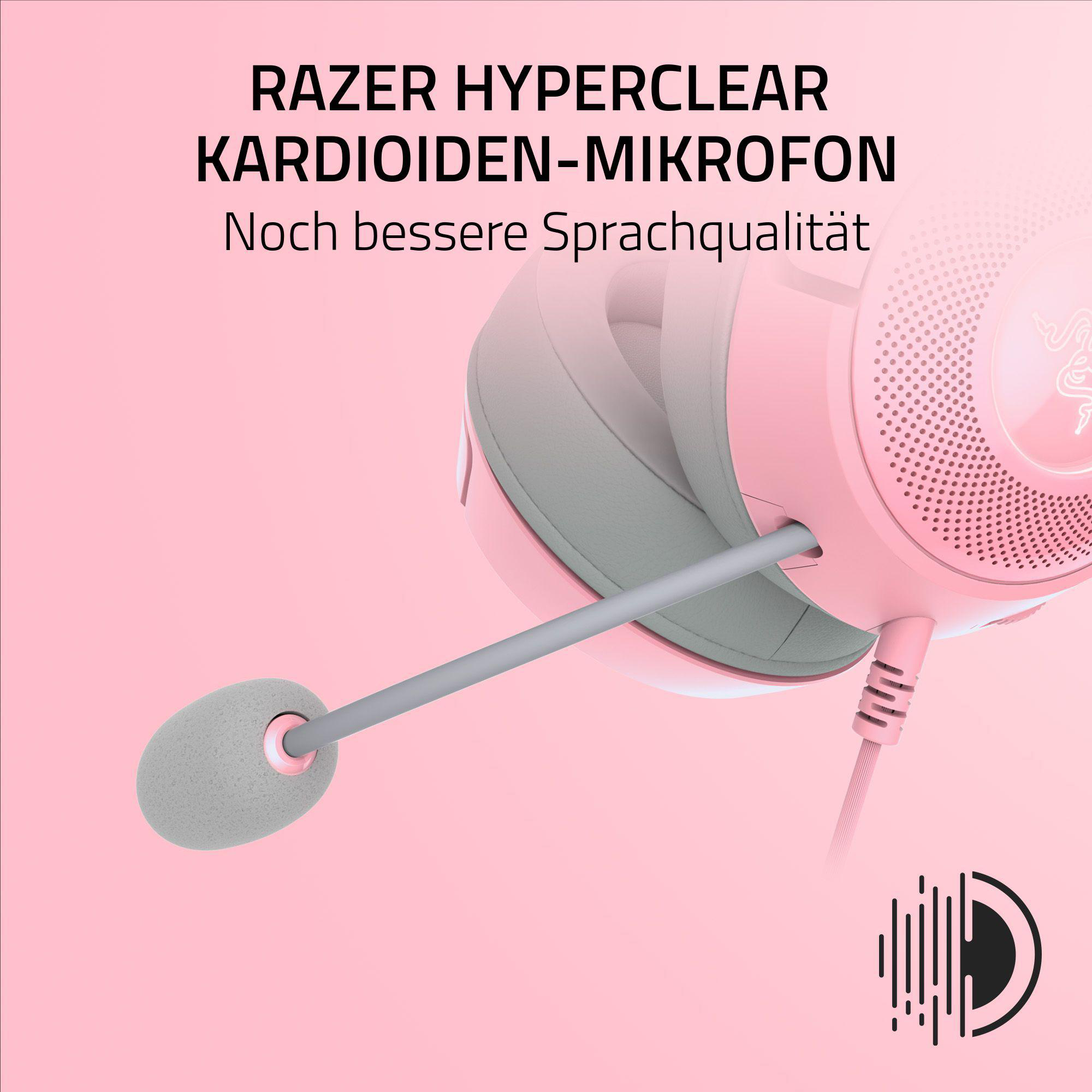 Pinkes Razer Gaming-Headset mit Mikrofon. Das Mikrofon ist grau, das Headset pink.