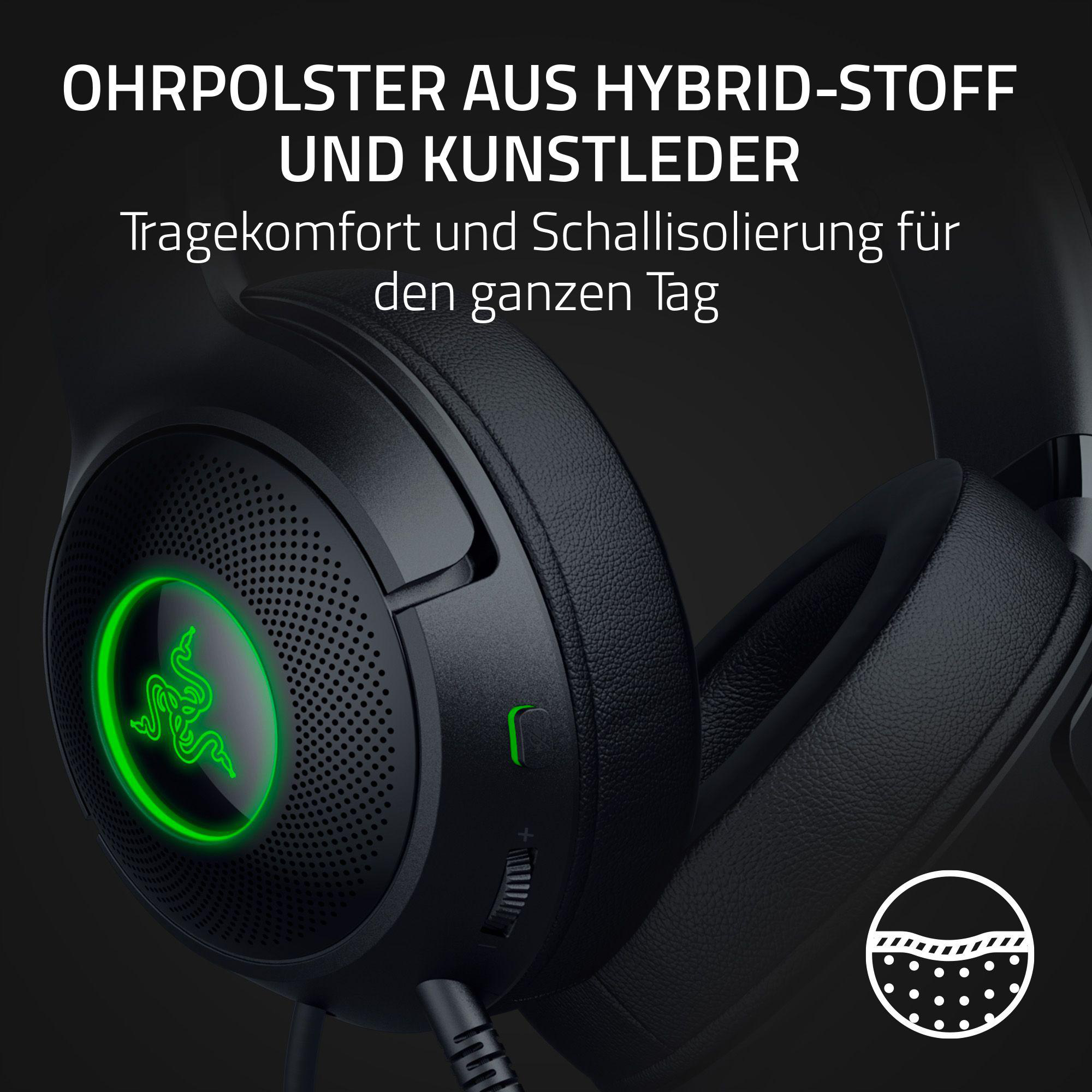 Schwarze Kopfhörer mit grünen Akzenten, Nahaufnahme, Text auf Deutsch.