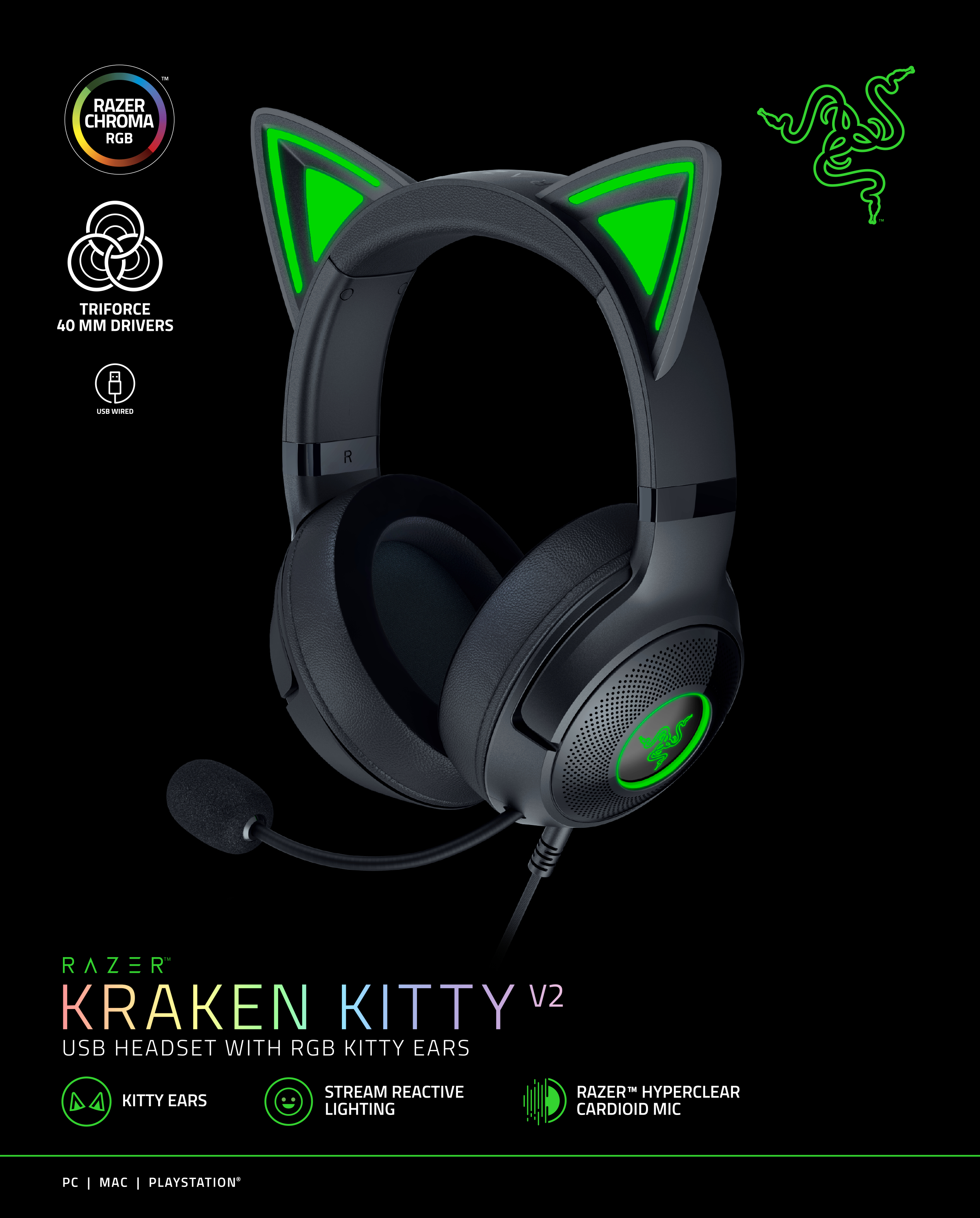 Ein schwarzes Headset mit leuchtenden grünen Katzenohren.