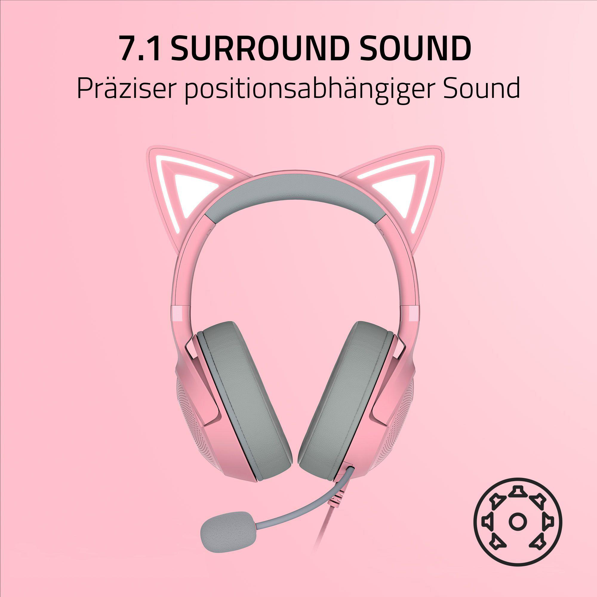 Pinke Katzenohr-Kopfhörer mit Mikrofon auf pinkfarbenem Hintergrund, Text über Surround-Sound.