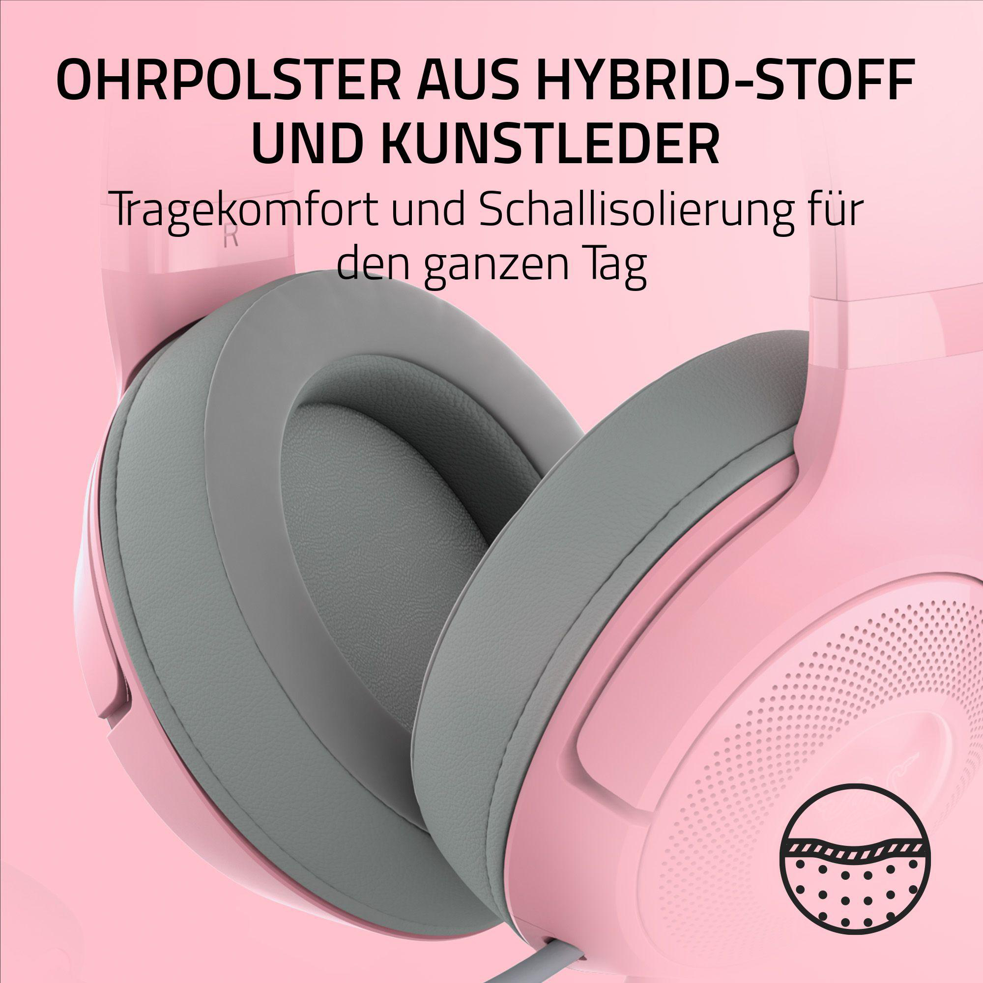 Rosa und graue Gaming-Kopfhörer. Text: Komfort und Schallisolierung für den ganzen Tag.