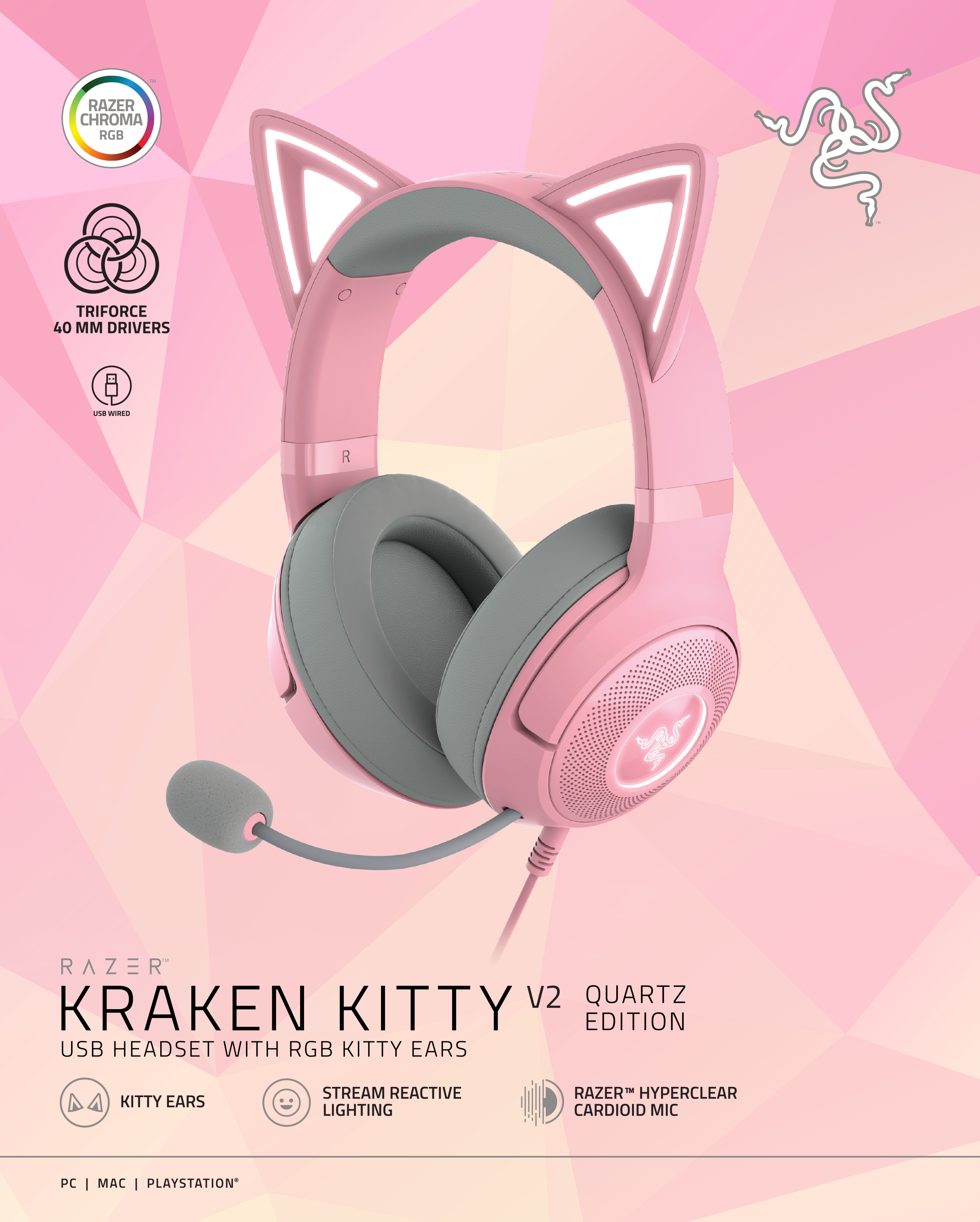 Pinke Razer Kraken Kitty V2 Kopfhörer mit RGB-Katzenohren und einem Mikrofon.