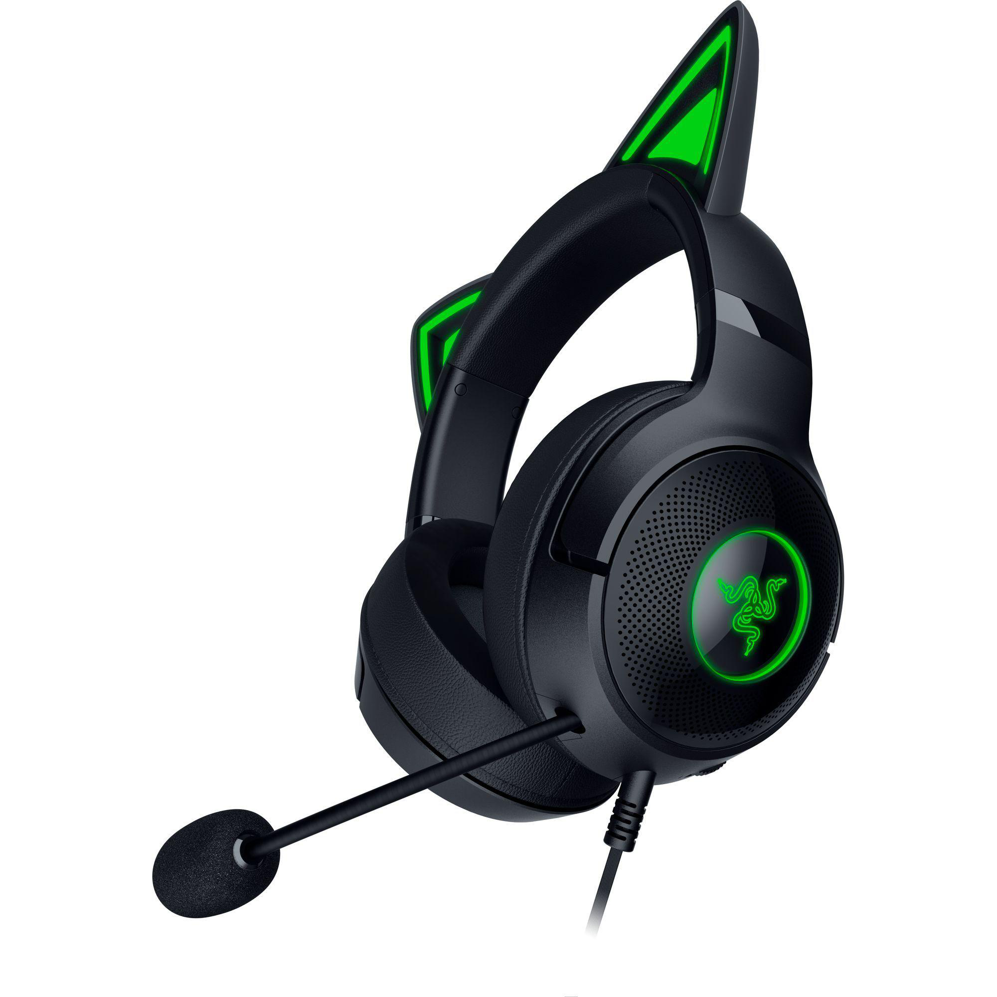 Schwarzes Razer-Gaming-Headset mit Katzenohranbauten. Grüne Akzente auf Ohren und Logo.