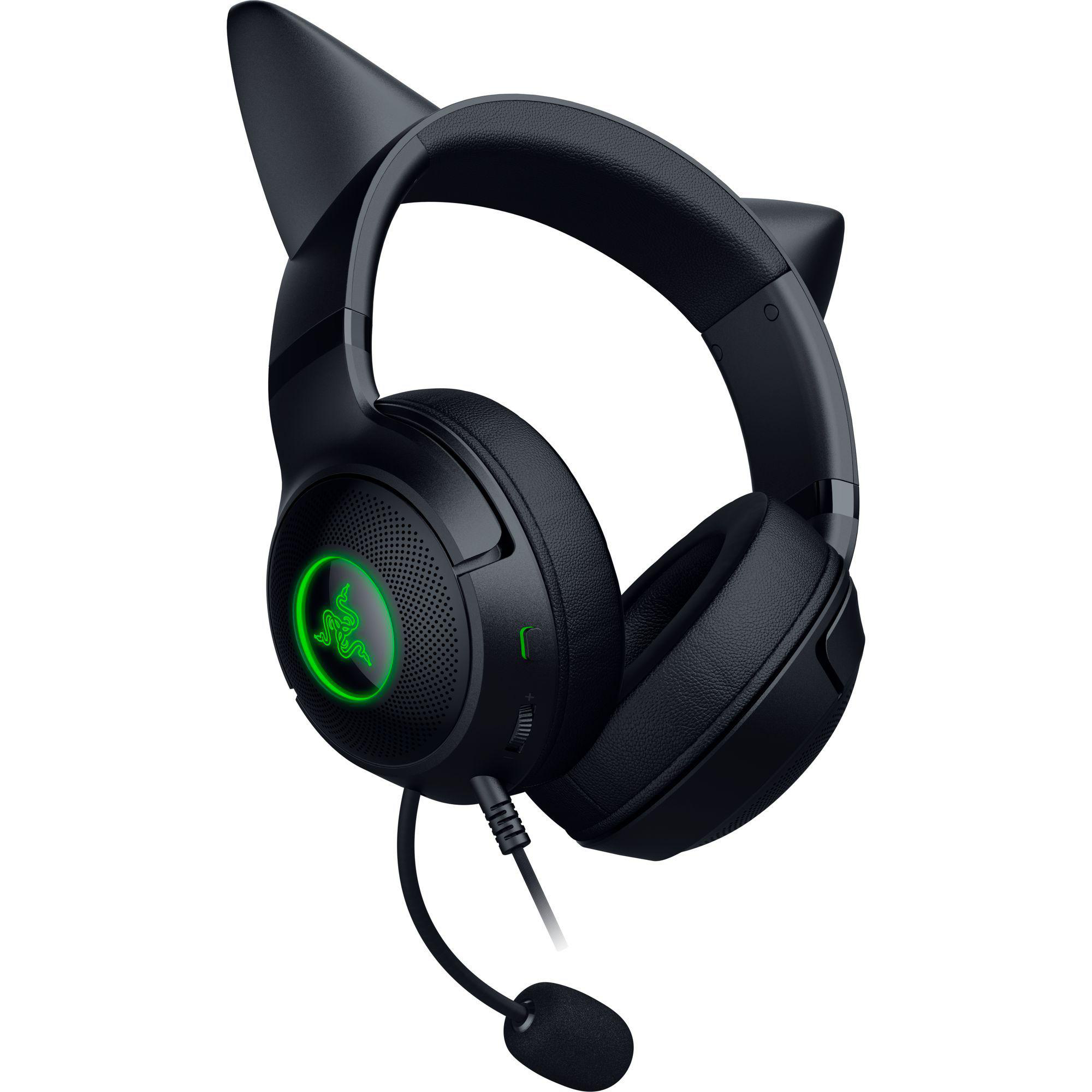 Schwarzes Razer Gaming-Headset mit Katzenohren. Grünes Razer-Logo auf der Ohrmuschel.