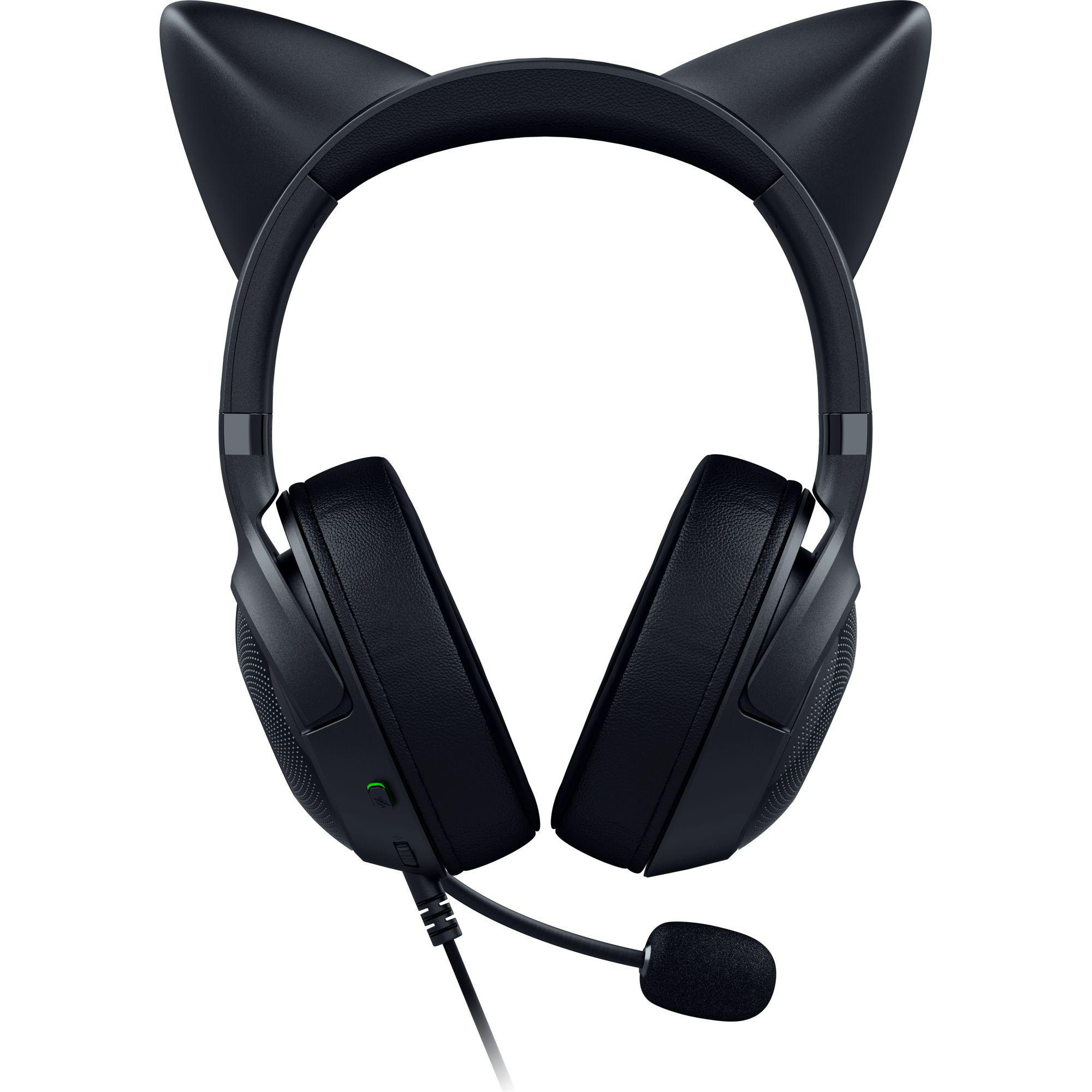 Schwarzer Razer Gaming-Kopfhörer mit Katzenohren, Mikrofon und Kabel. Weißer Hintergrund.
