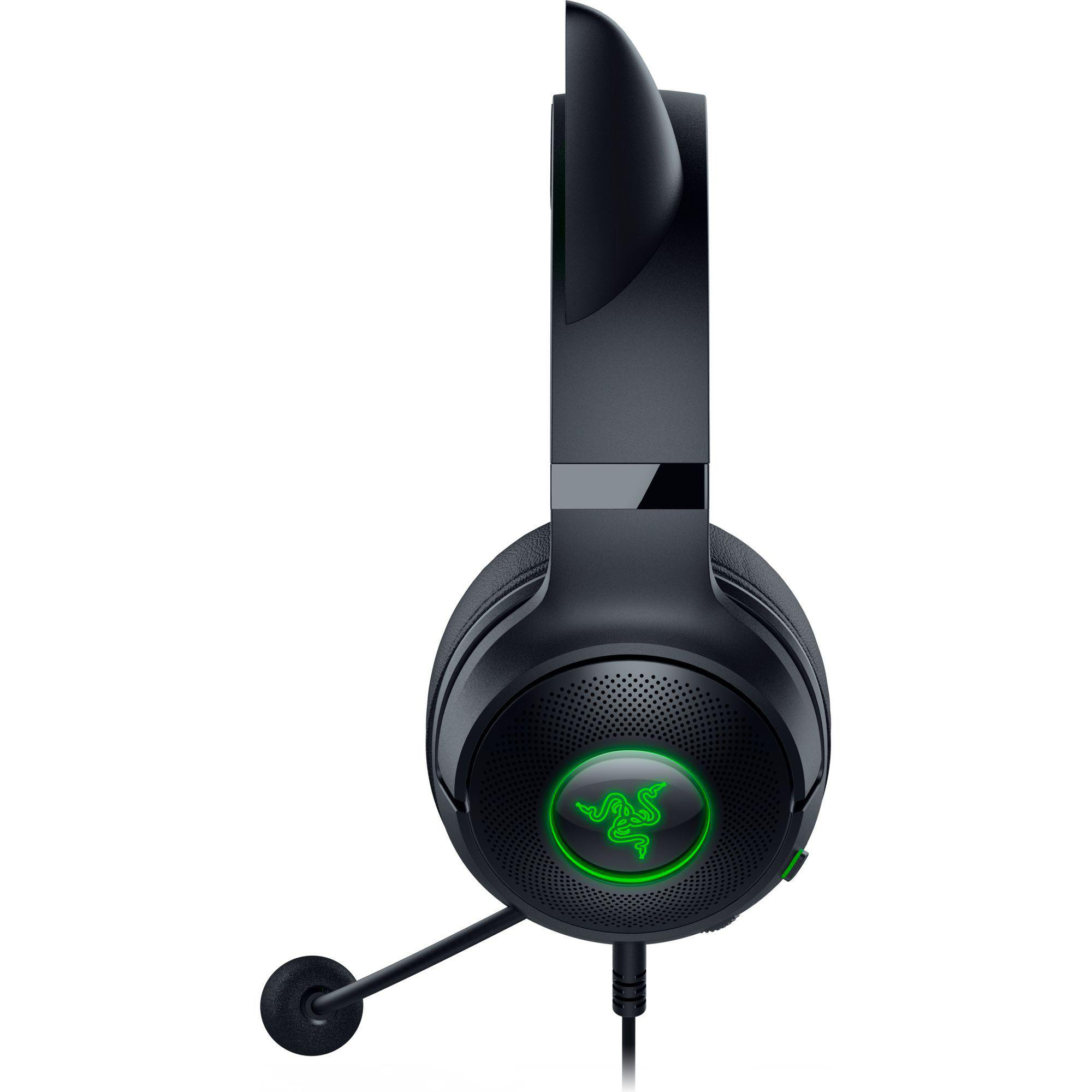 Ein schwarzes Razer Gaming-Headset. Grünes Logo auf der Ohrmuschel und Mikrofon.