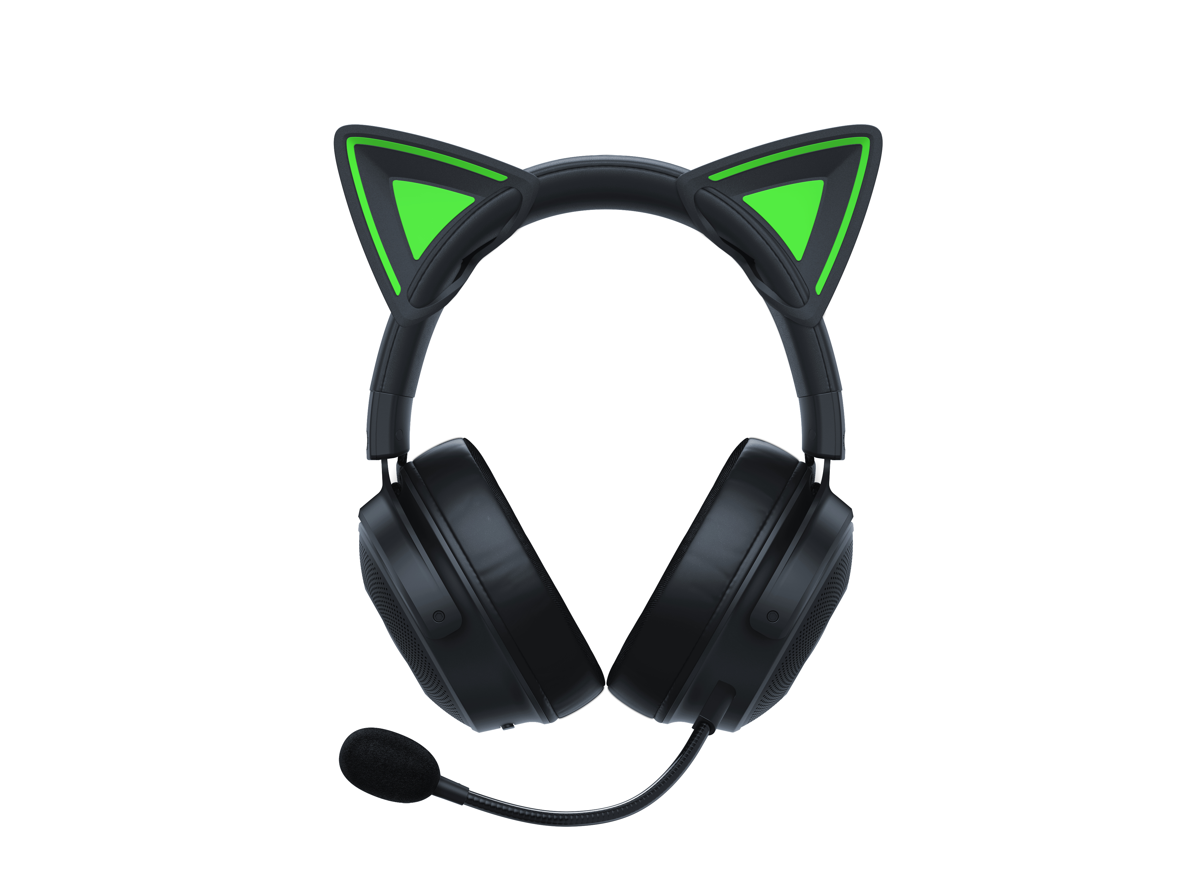 Schwarzes Gaming-Headset mit Katzenohren und Mikrofon, isoliert auf weißem Hintergrund.